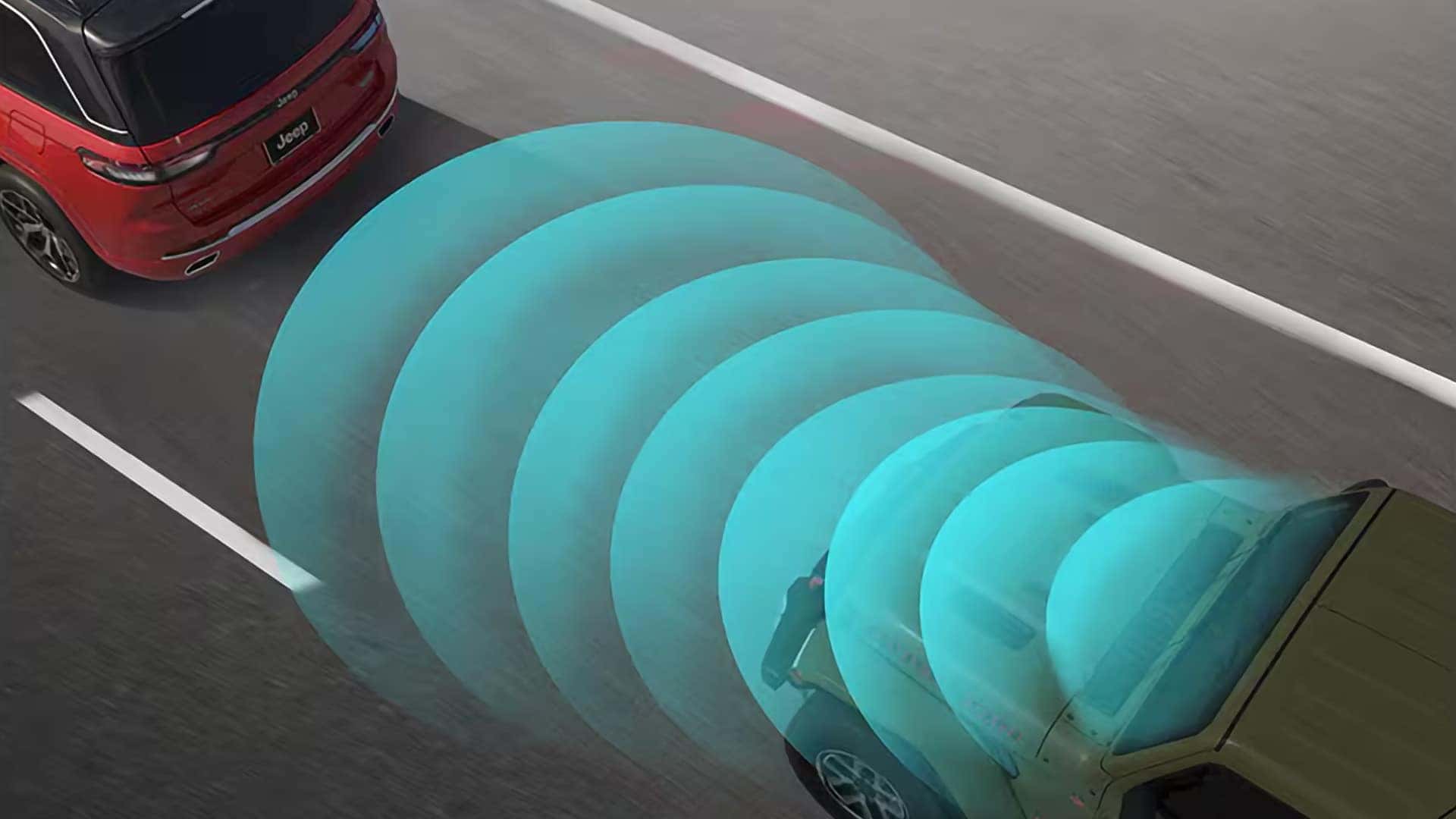 Safety technology visualization on the 2026 Jeep Gladiator showing Forward Collision Warning with Active Braking detection zones