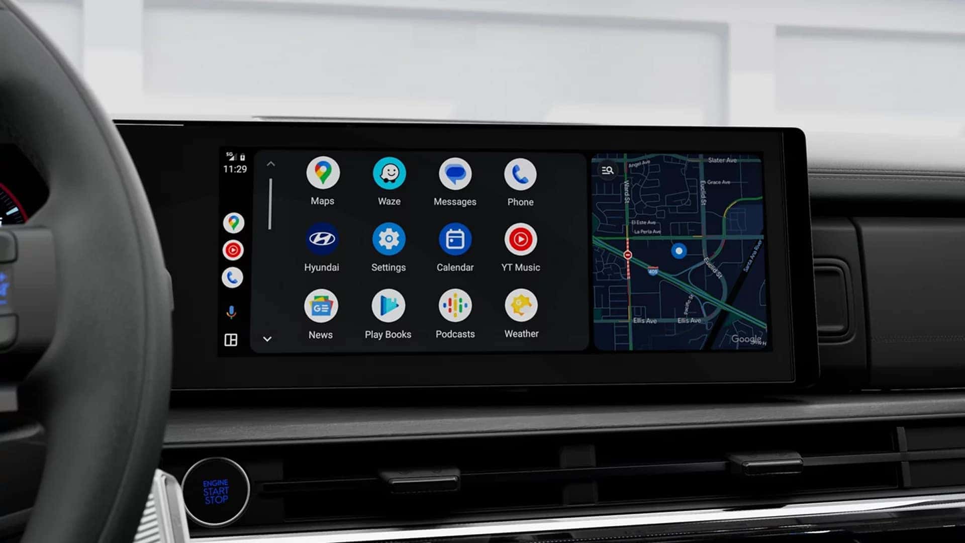 Close up of the 2026 Hyundai Santa Fe infotainment touchscreen showing smartphone integration apps and navigation interface