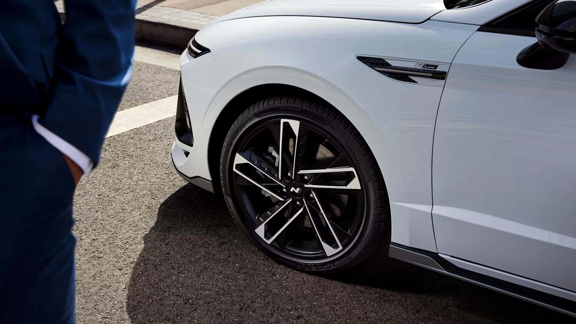 Close up of a 2026 Hyundai Sonata N Line wheel and exterior trim detail, highlighting sporty design elements and alloy wheel styling