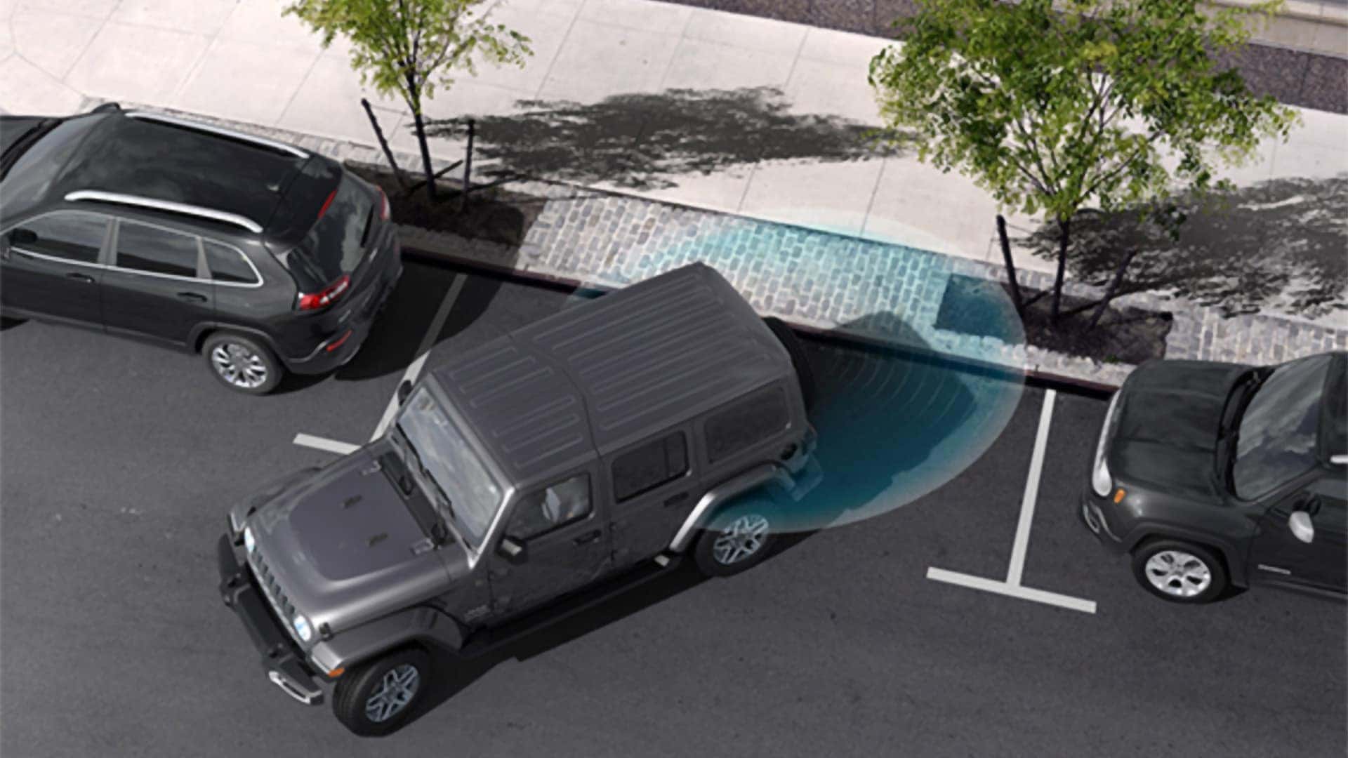 2026 Jeep Wrangler using ParkSense Rear Park Assist with visual parking sensor detection zones behind the vehicle
