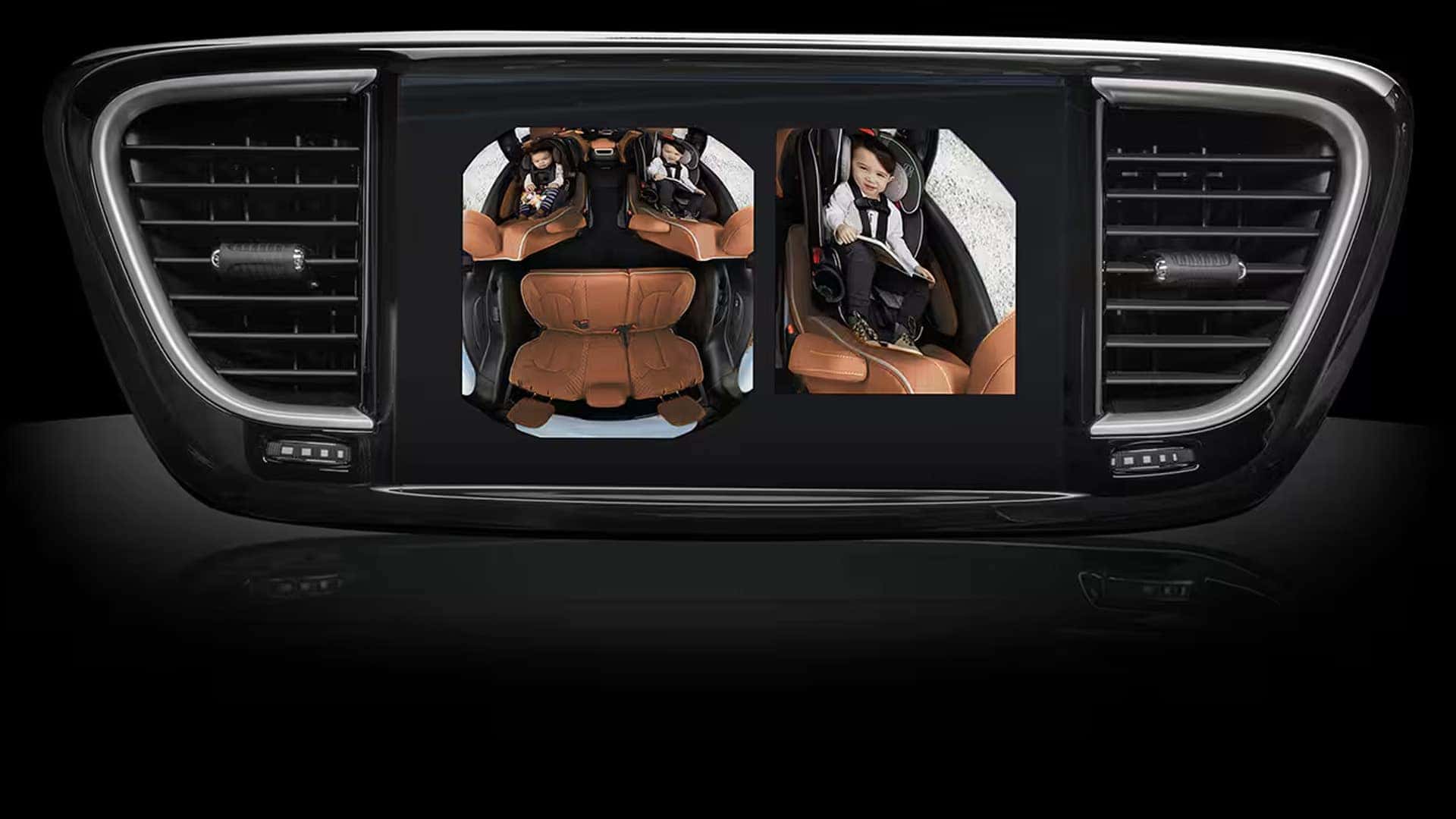 FamCAM interior camera display in the 2026 Chrysler Pacifica showing second and third row passenger views