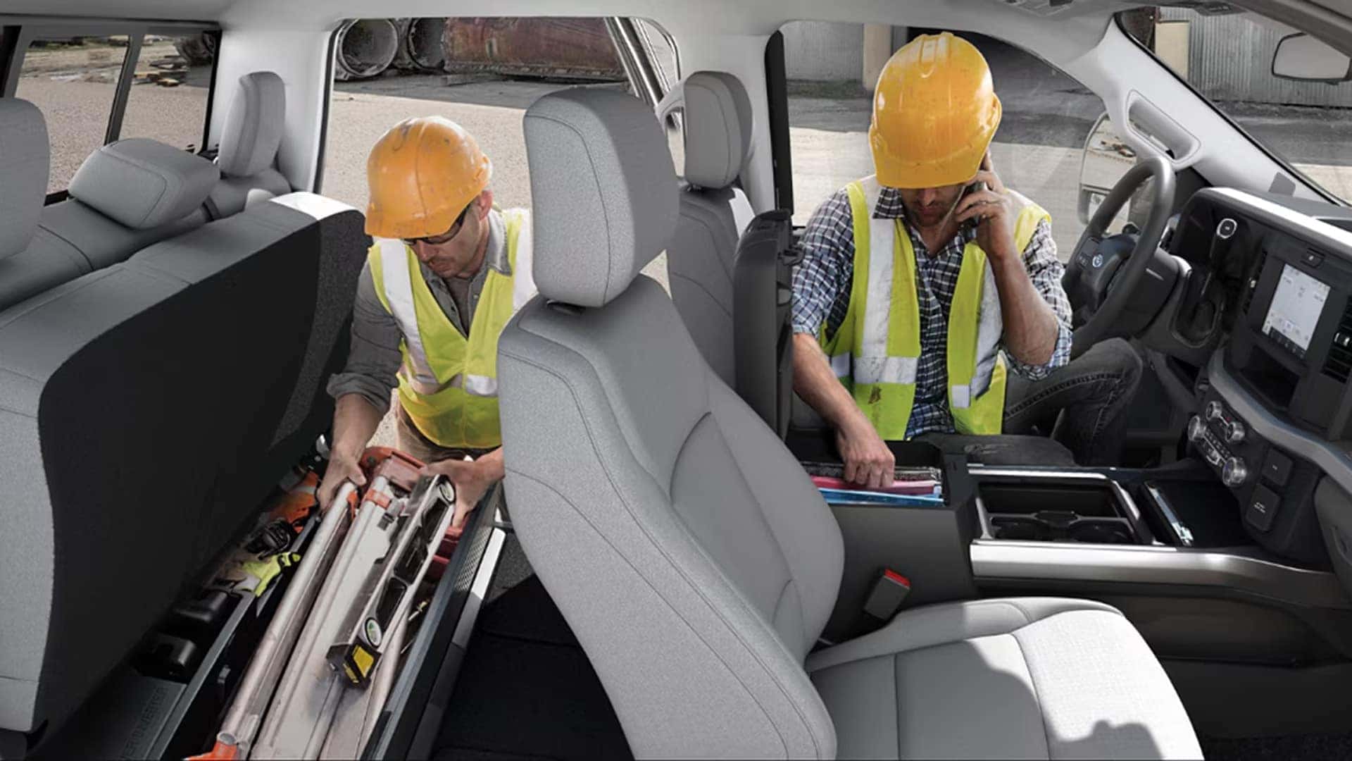2026 Ford F-250 Super Duty interior with rear under-seat storage and crew cab workspace features for jobsite organization