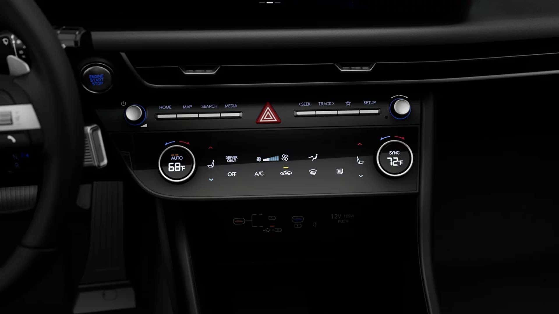 Center dashboard controls and infotainment buttons in the 2026 Hyundai Sonata Hybrid with media, navigation, and climate settings visible