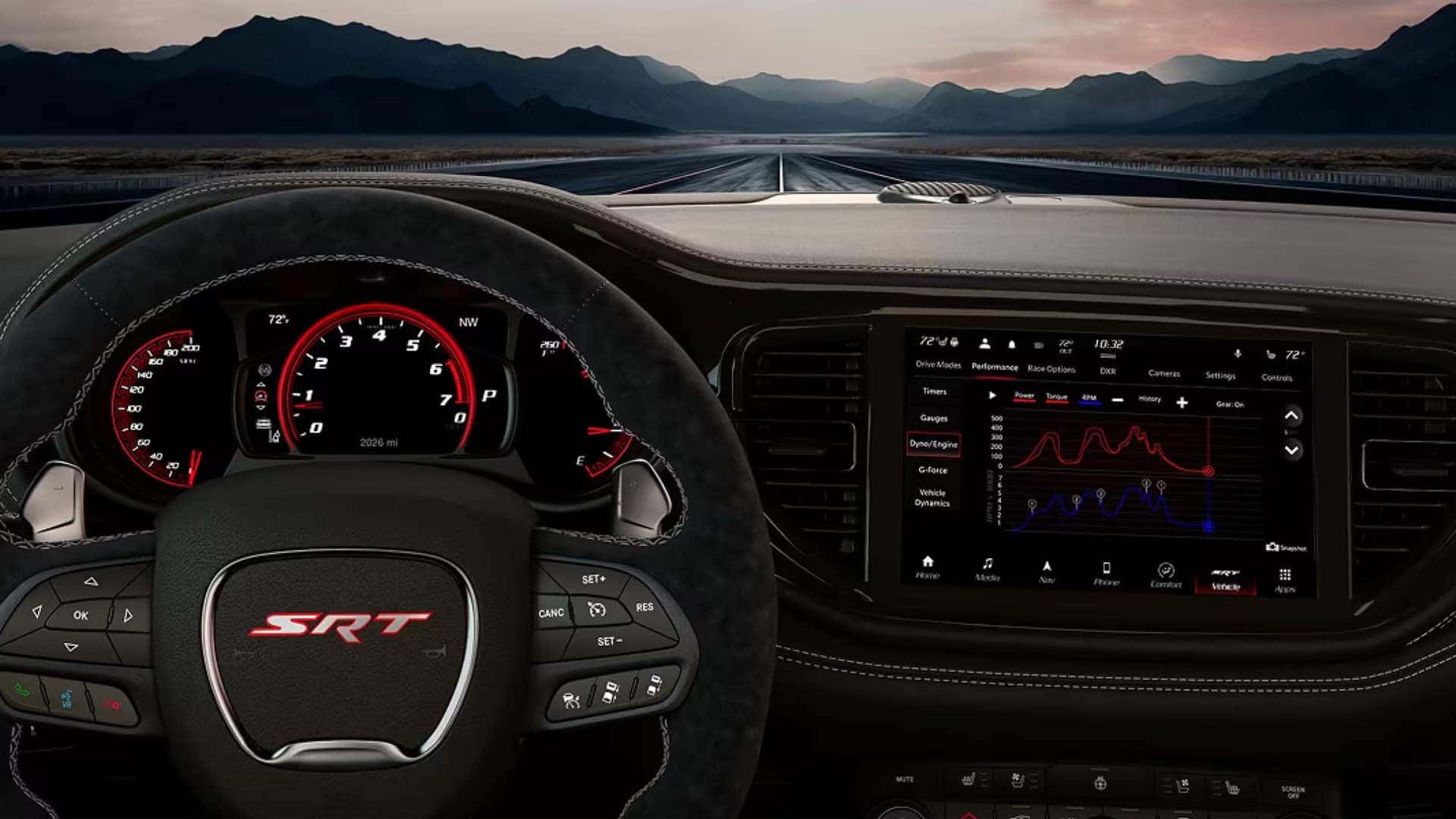 2026 Dodge Durango SRT interior with digital gauge cluster and performance data displayed on the Uconnect touchscreen