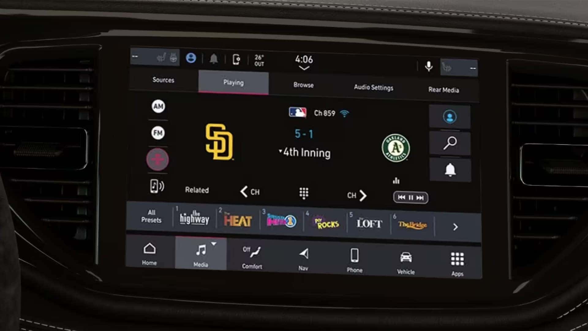 2026 Dodge Durango Uconnect touchscreen showing SiriusXM interface and infotainment menu with radio and media controls