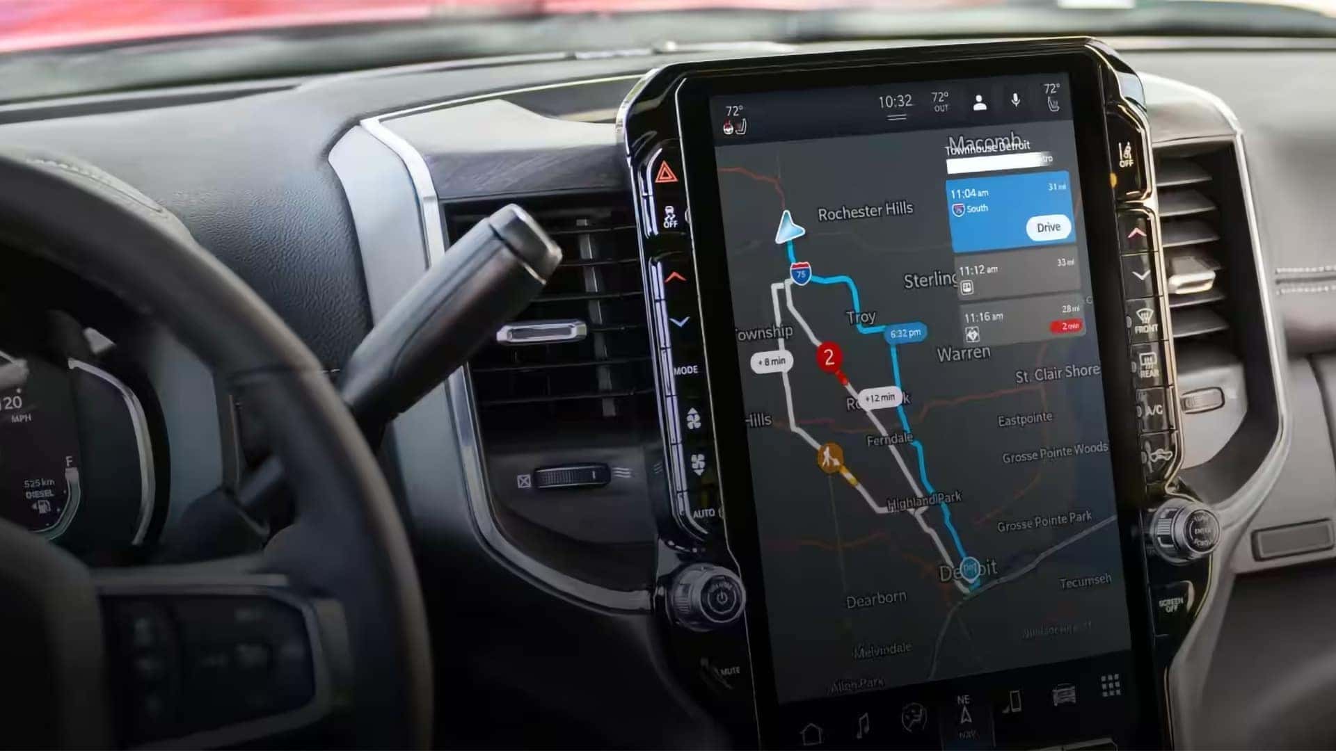 2026 RAM 2500 interior showing steering wheel, instrument cluster, and center infotainment display