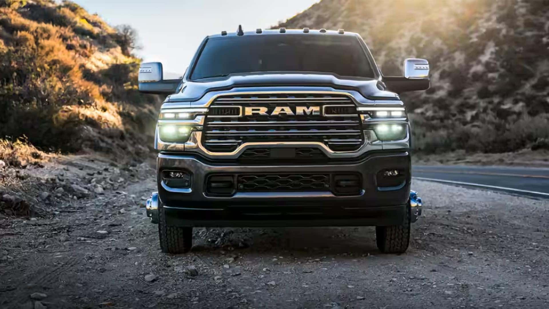 Front view of the 2026 Ram 3500 showing its bold grille, LED headlights, and heavy duty stance