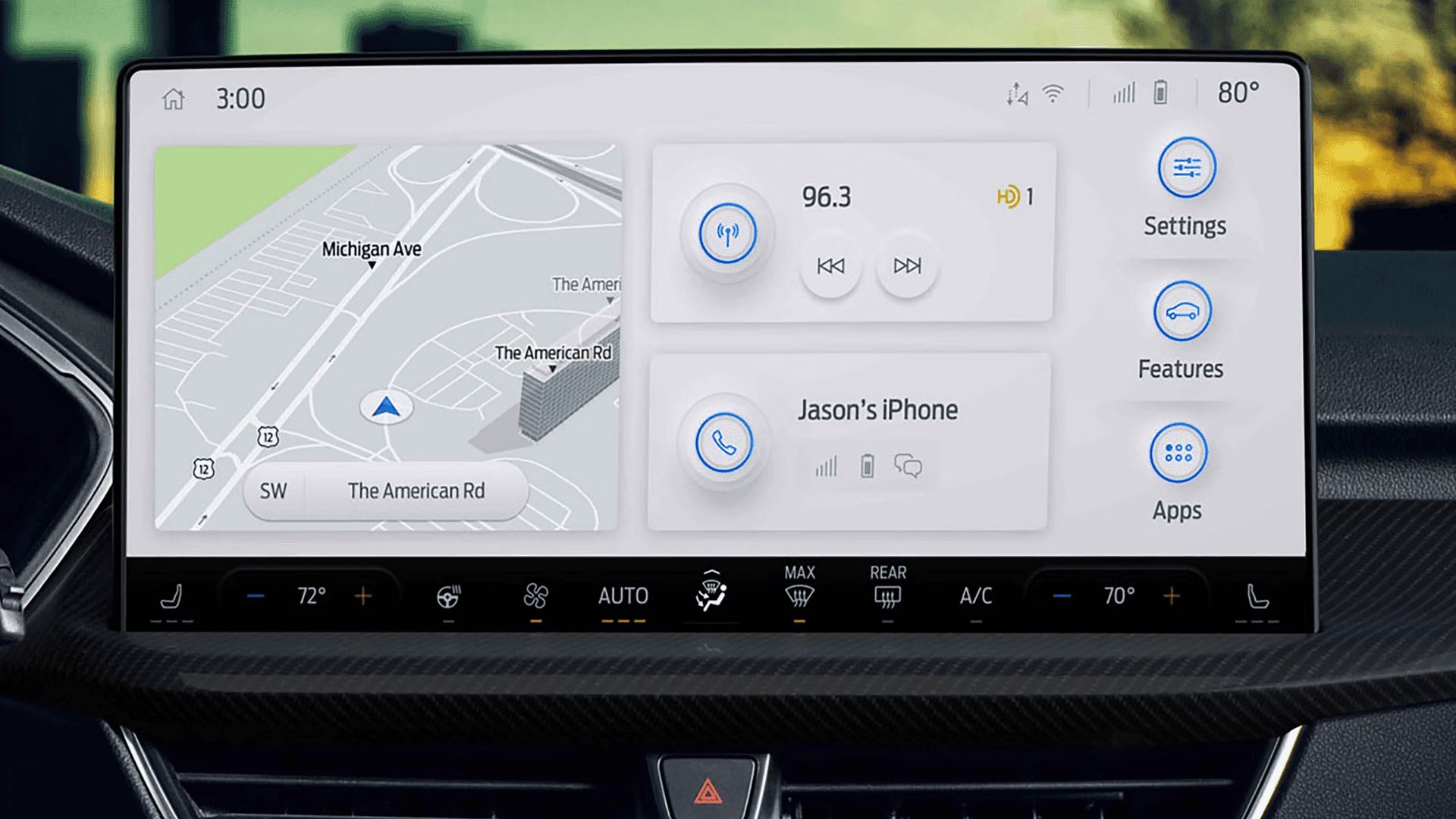 Close-up of 2026 Ford Escape center touchscreen showing map, radio, phone card, and settings icons