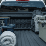 2026 GMC Canyon cargo bed loaded with camping gear including cooler, backpack, blankets, and storage bins