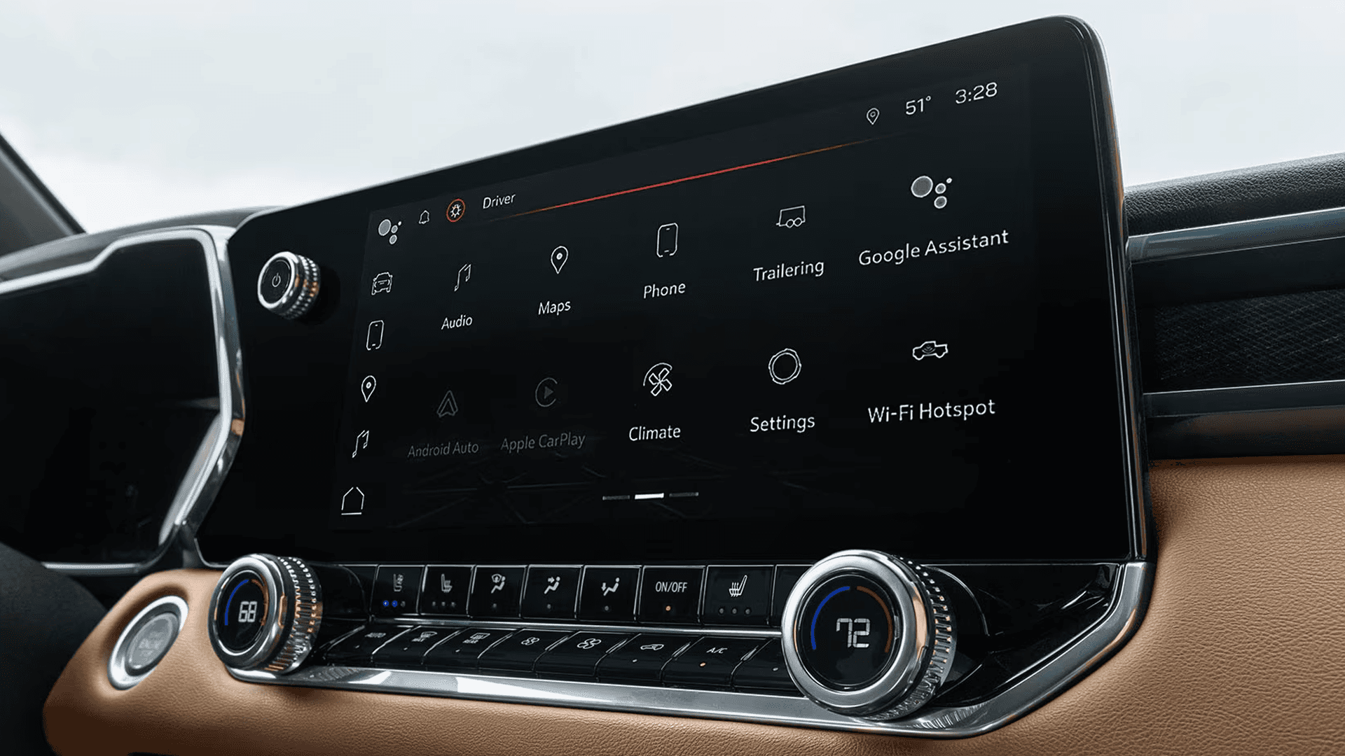 Close view of the 2026 GMC Canyon touchscreen infotainment system showing Google built in apps and navigation icons.