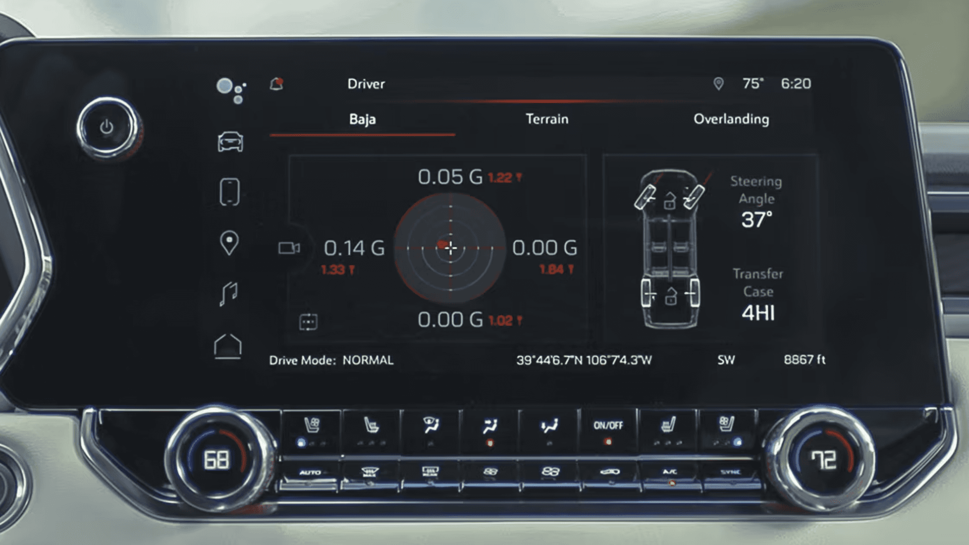 2026 GMC Canyon infotainment screen displaying Off Road Performance Display with G force data and steering angle information.