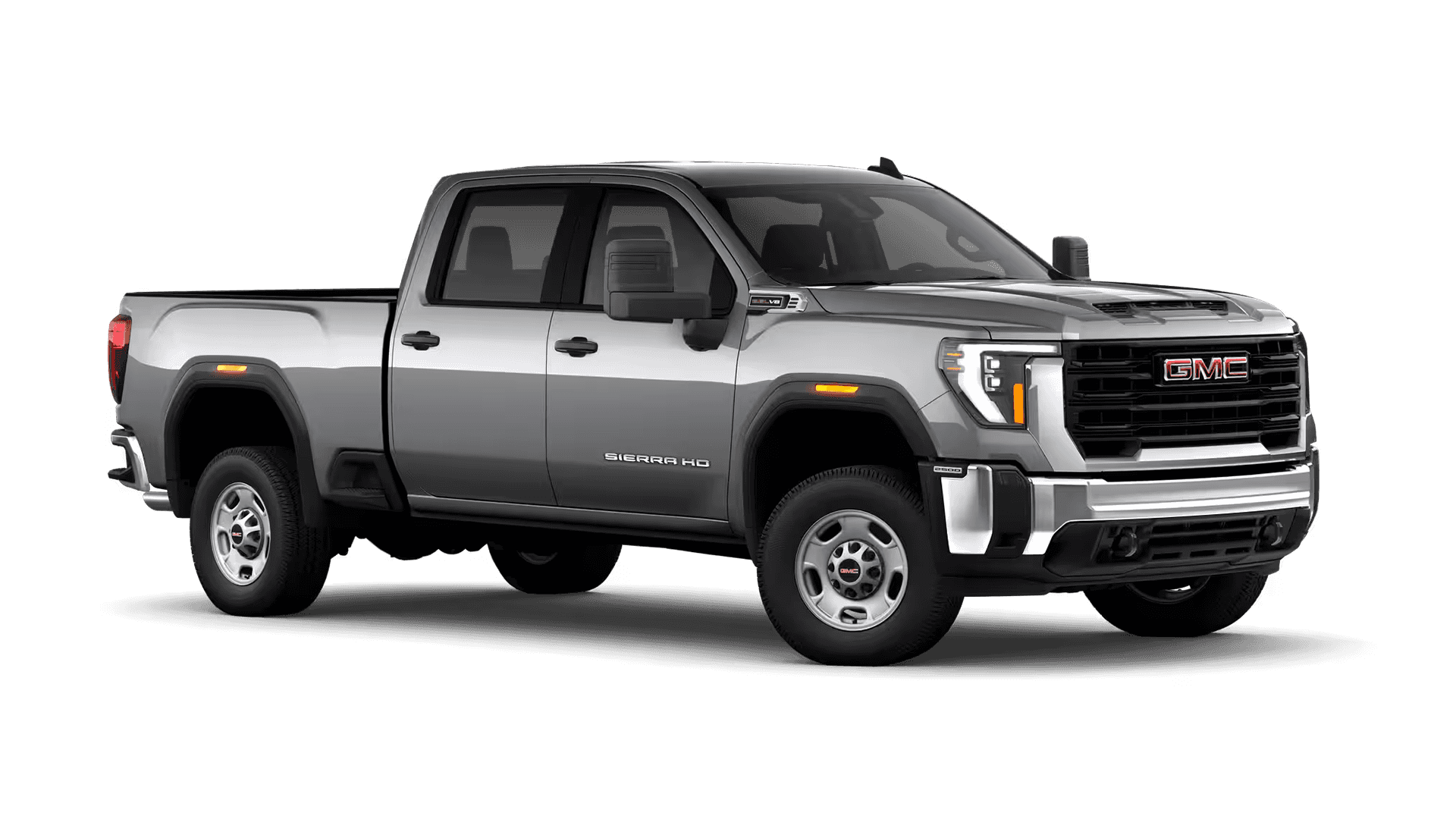 Silver GMC Sierra 2500HD crew cab pickup shown in side profile with standard wheels on a clean white background