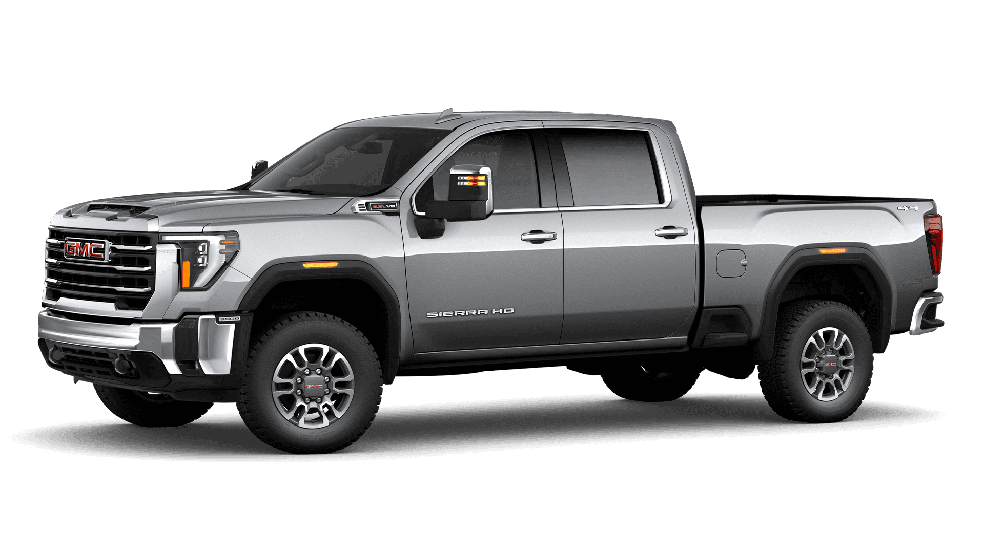Silver GMC Sierra 3500HD crew cab with larger wheels and stance shown in side profile on a clean white background