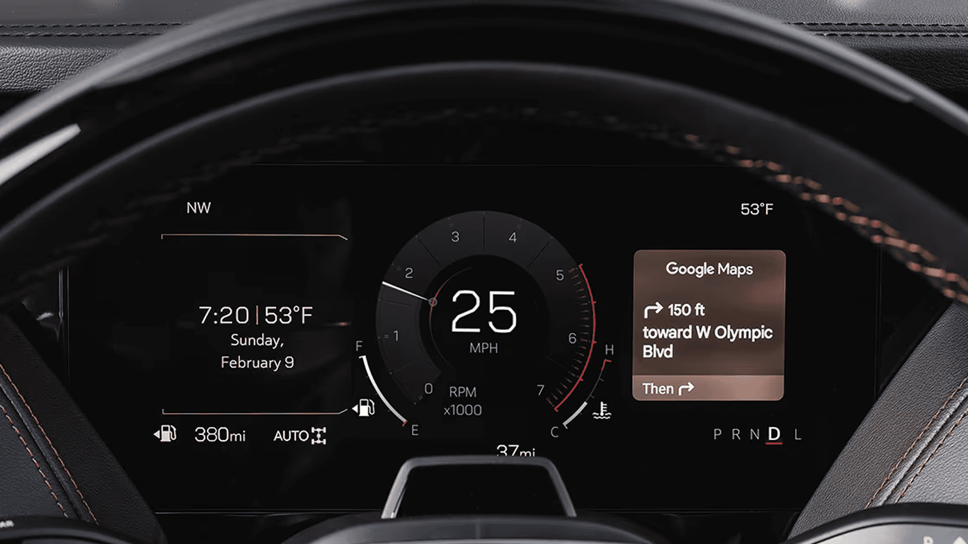 Digital driver display showing speed at 25 mph, navigation directions via Google Maps, fuel range, and temperature readouts