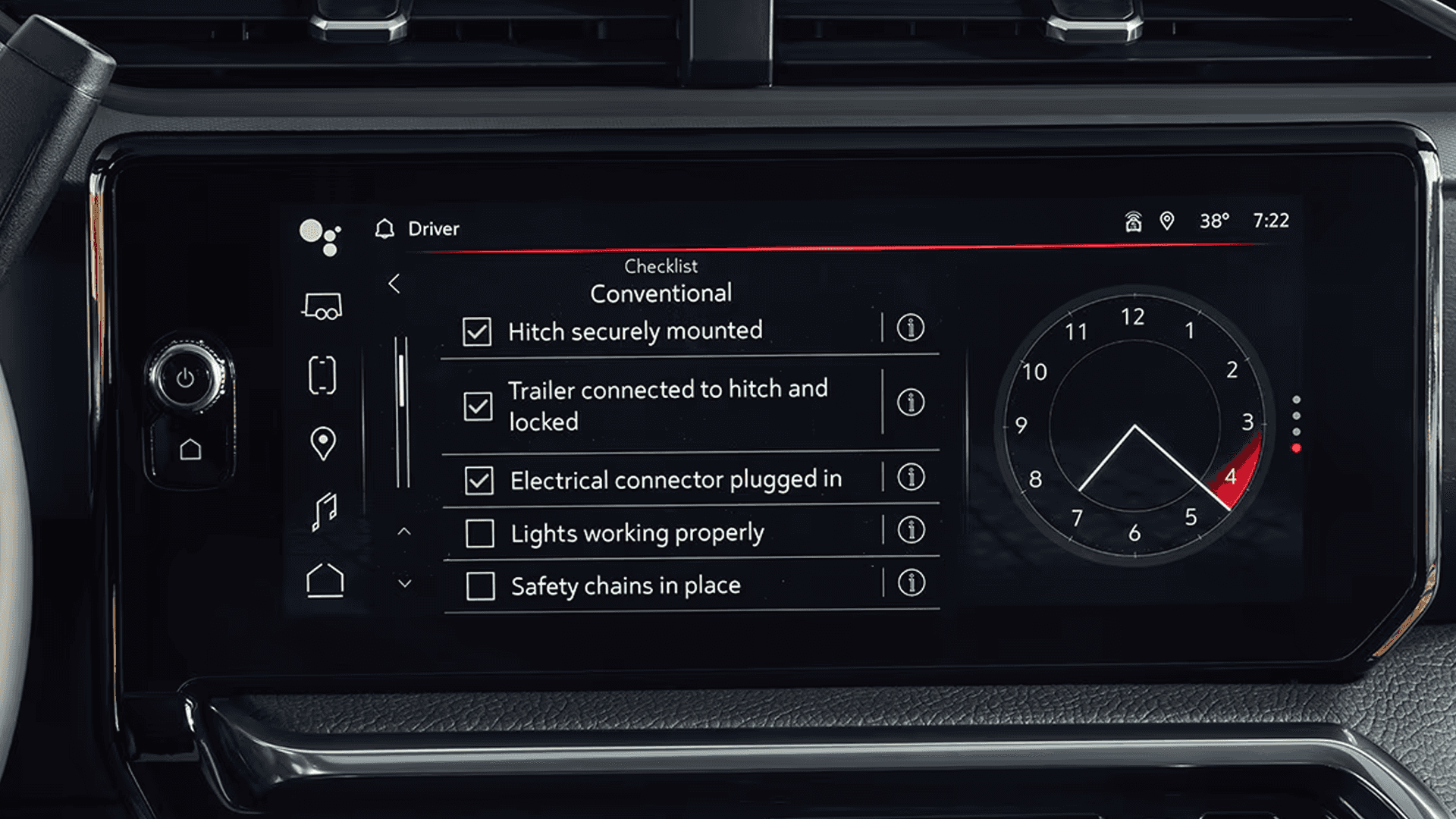 2026 GMC Sierra HD touchscreen showing a trailering checklist with hitch, connector, lights, and safety chain steps.