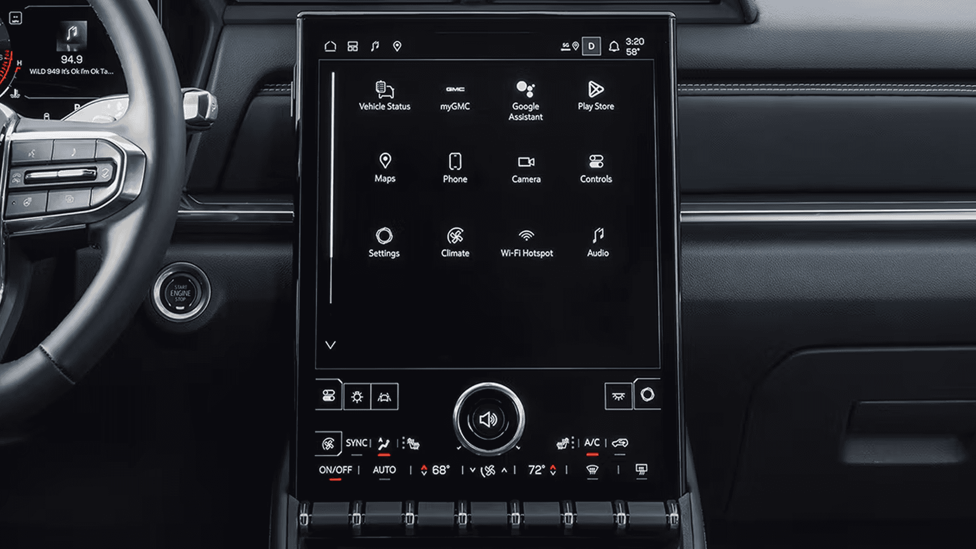 Close view of GMC Terrain infotainment display showing Google built in apps, navigation, phone, and vehicle settings.