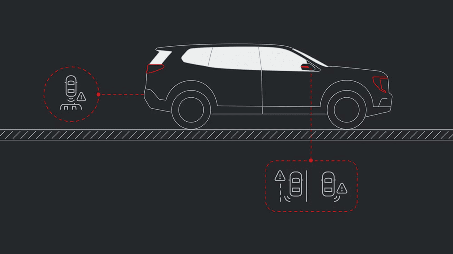 Vehicle safety diagram illustrating driver assistance sensors detecting nearby vehicles and lane positioning.