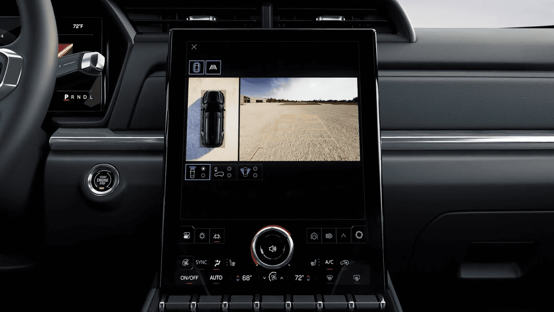 2026 GMC Terrain center touchscreen showing camera view and vehicle interface with digital climate controls and dashboard layout