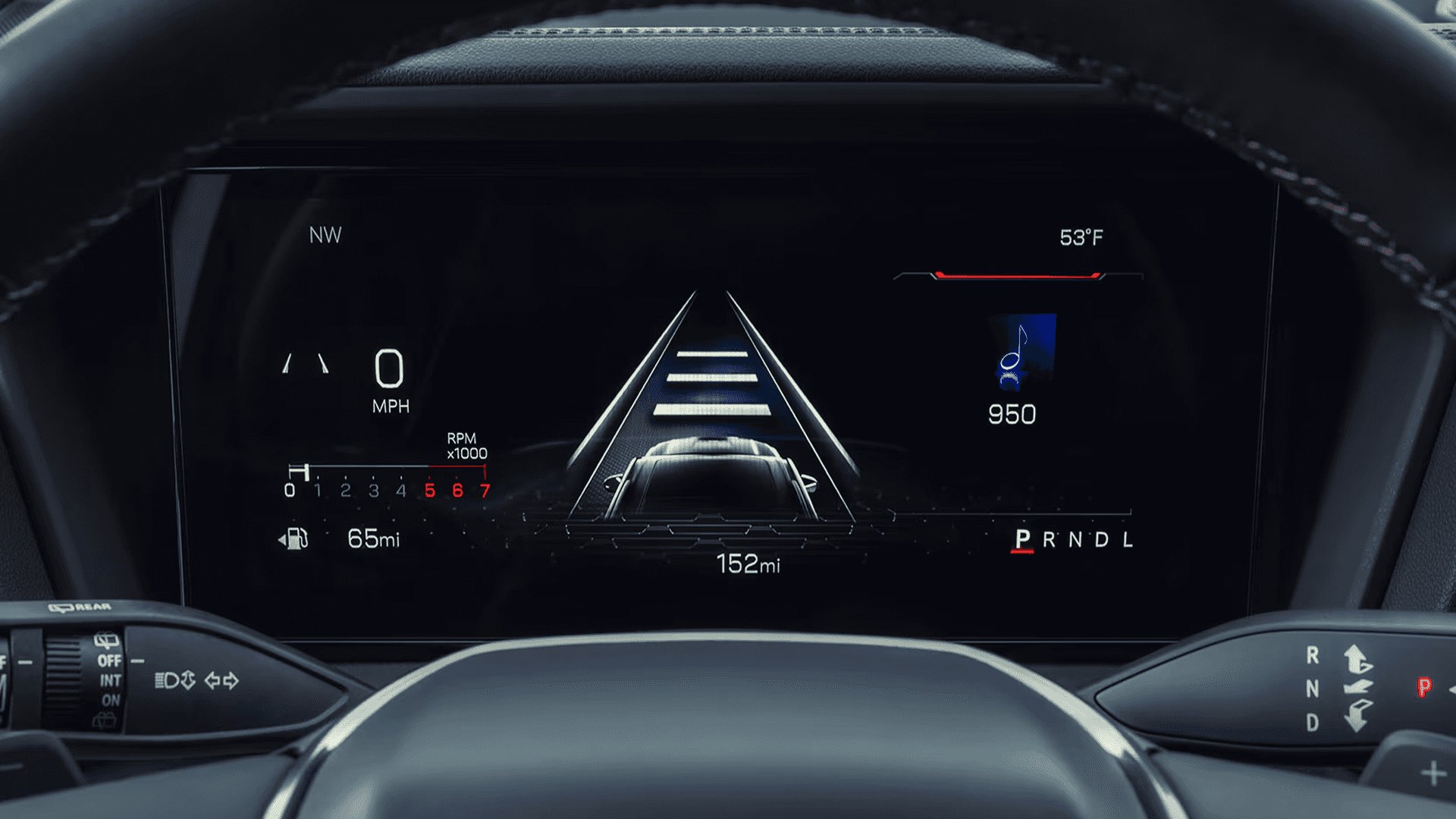 Close view of the 2026 GMC Terrain digital Driver Information Center displaying navigation and vehicle data graphics.