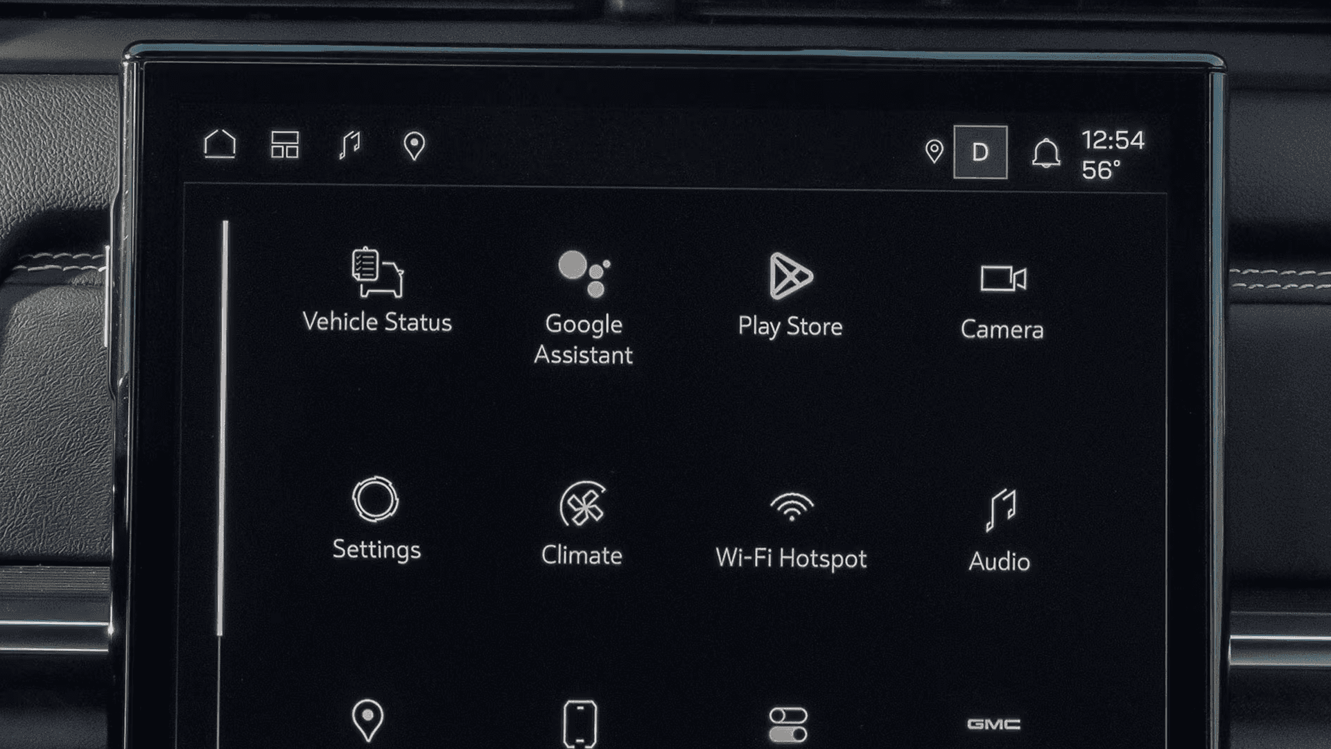 15-inch GMC Terrain infotainment touchscreen displaying Google Assistant, Play Store apps, vehicle status, and settings.