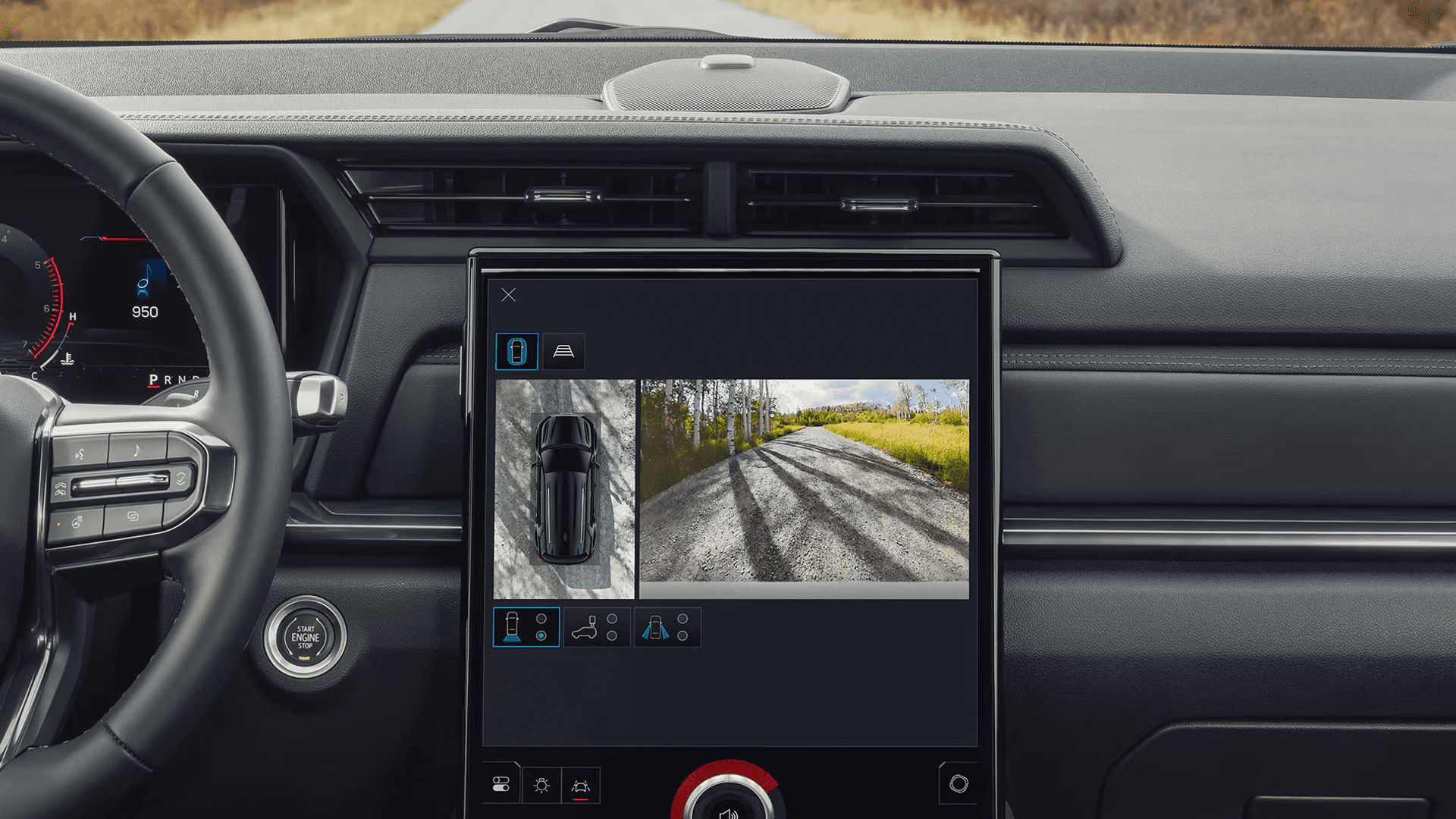 2026 GMC Terrain infotainment display showing surround vision camera views with overhead vehicle perspective.