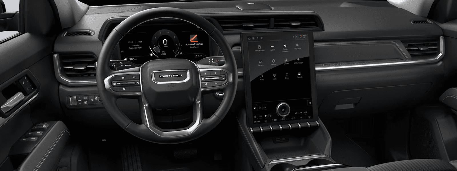 Interior view of the 2026 GMC Terrain showing the 15-inch touchscreen, 11-inch Driver Information Center, and center console.