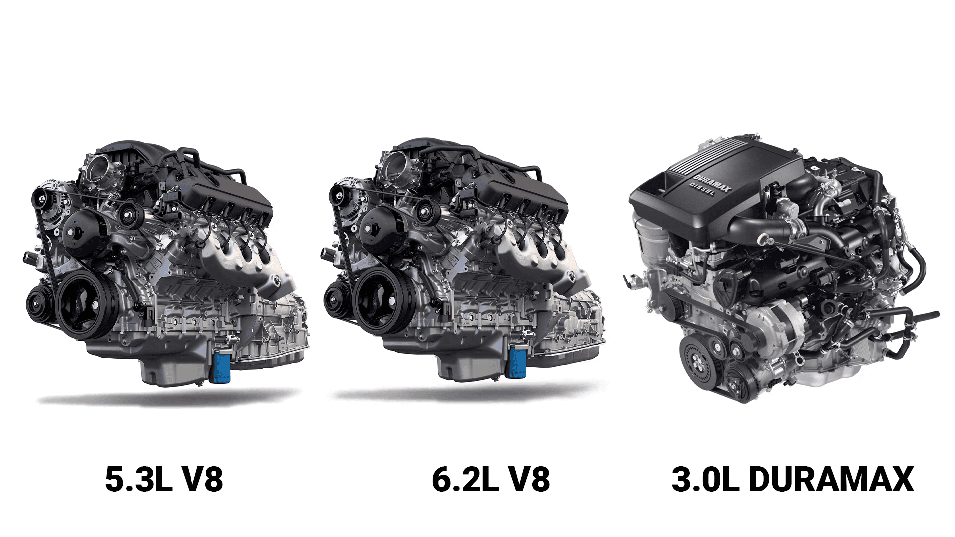Three engine images on a light background labeled 5.3L V8, 6.2L V8, and 3.0L Duramax.