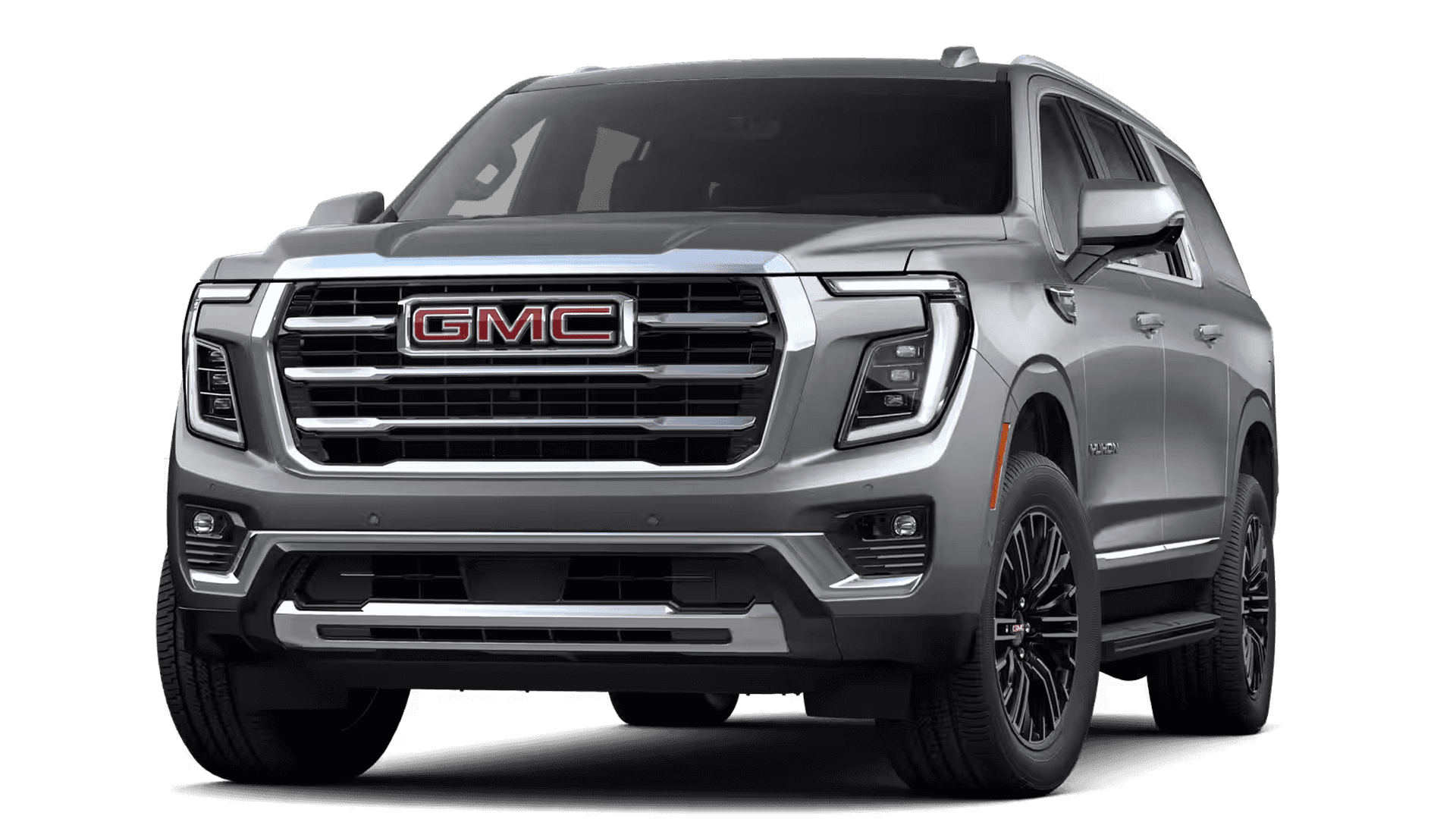 Gray GMC Yukon shown from the front on a white background with black wheels and a large GMC grille.