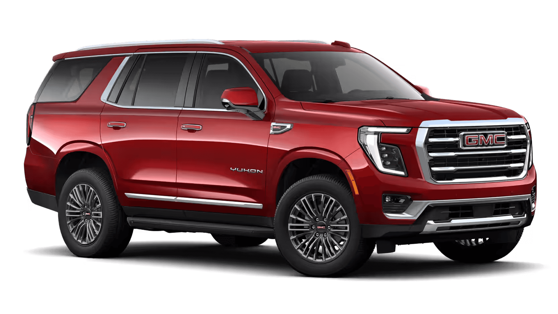 Red GMC Yukon shown in side profile on a black background with chrome grille, roof rails, and alloy wheels