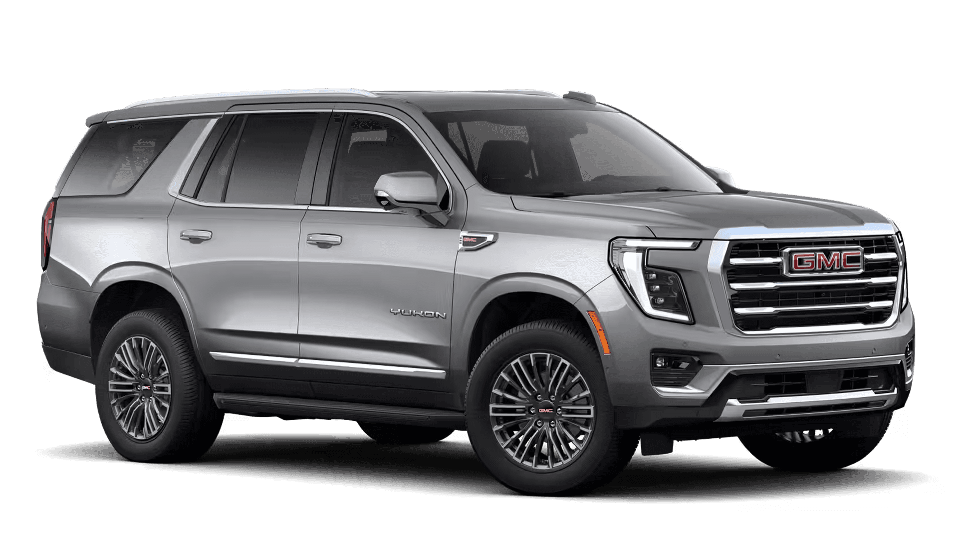 Silver GMC Yukon shown in side profile on a light background with chrome grille accents and multi-spoke wheels