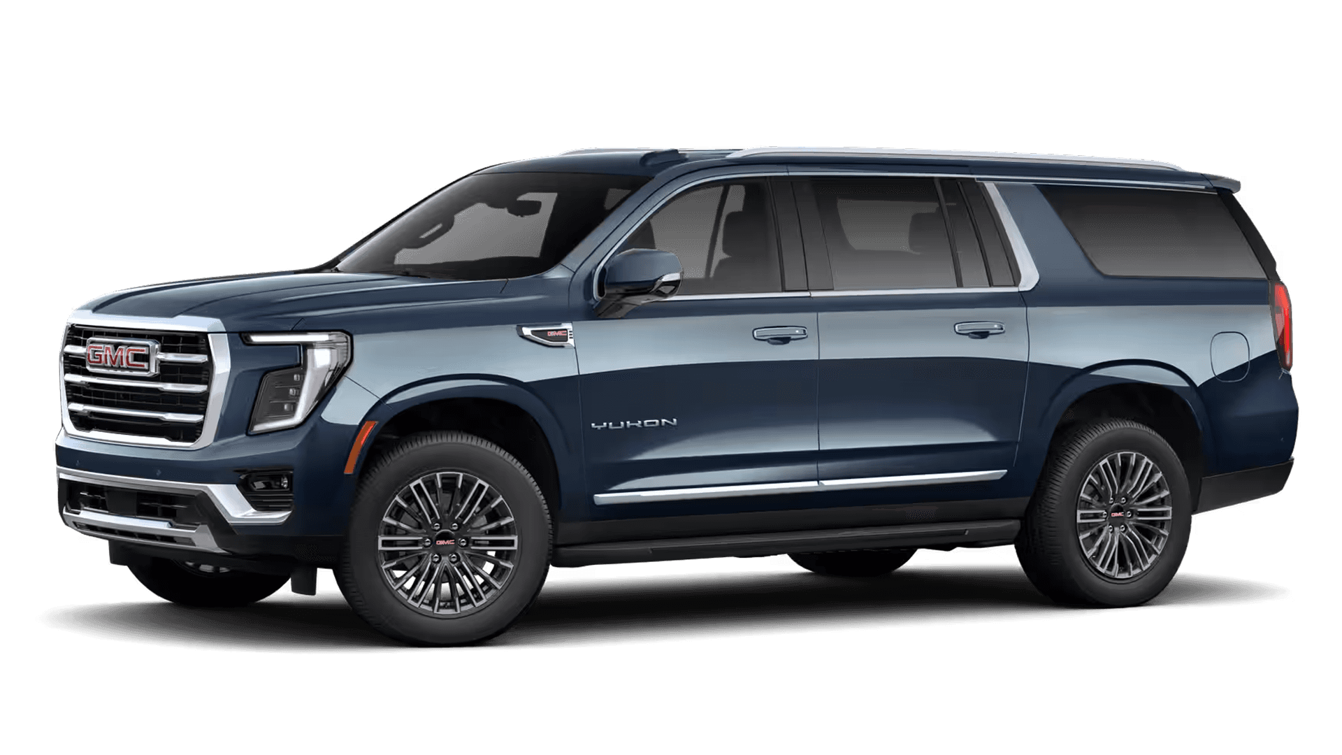 Blue GMC Yukon XL shown in side profile on a light background with extended body length and chrome trim