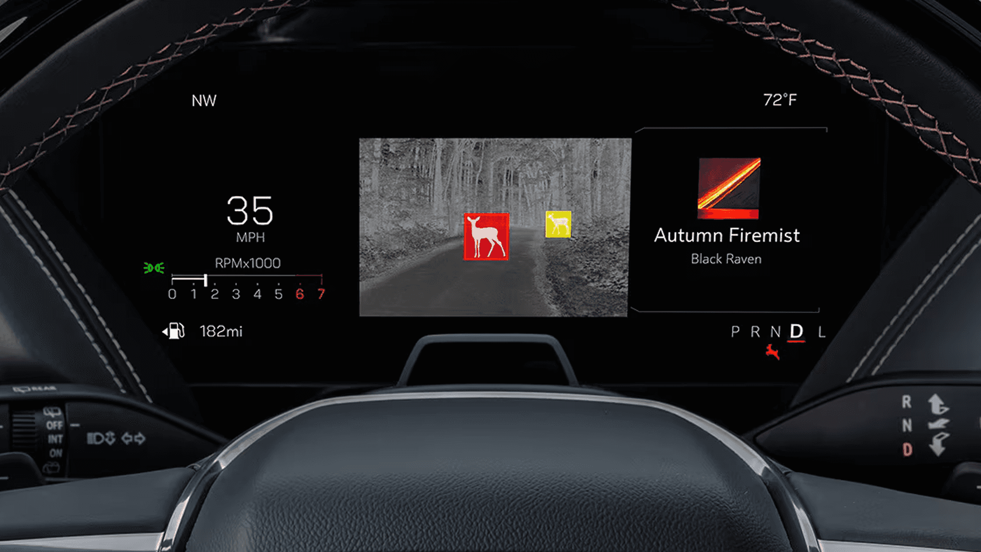 Digital display showing thermal night vision view with highlighted animals on a dark road ahead.