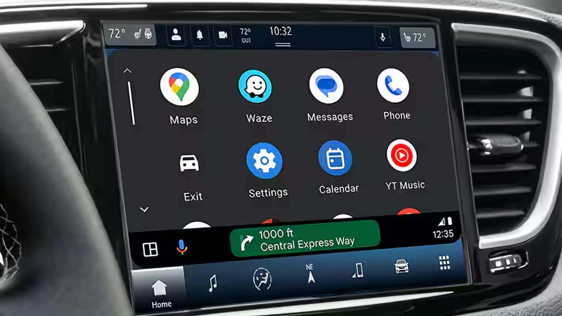 Close-up of the 2026 Chrysler Voyager touchscreen showing smartphone app icons for navigation, messages, and music