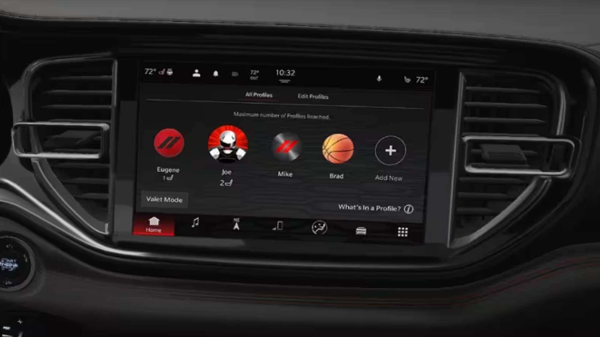 2026 Dodge Durango Uconnect driver profile screen displaying multiple user profiles and personalized settings menu