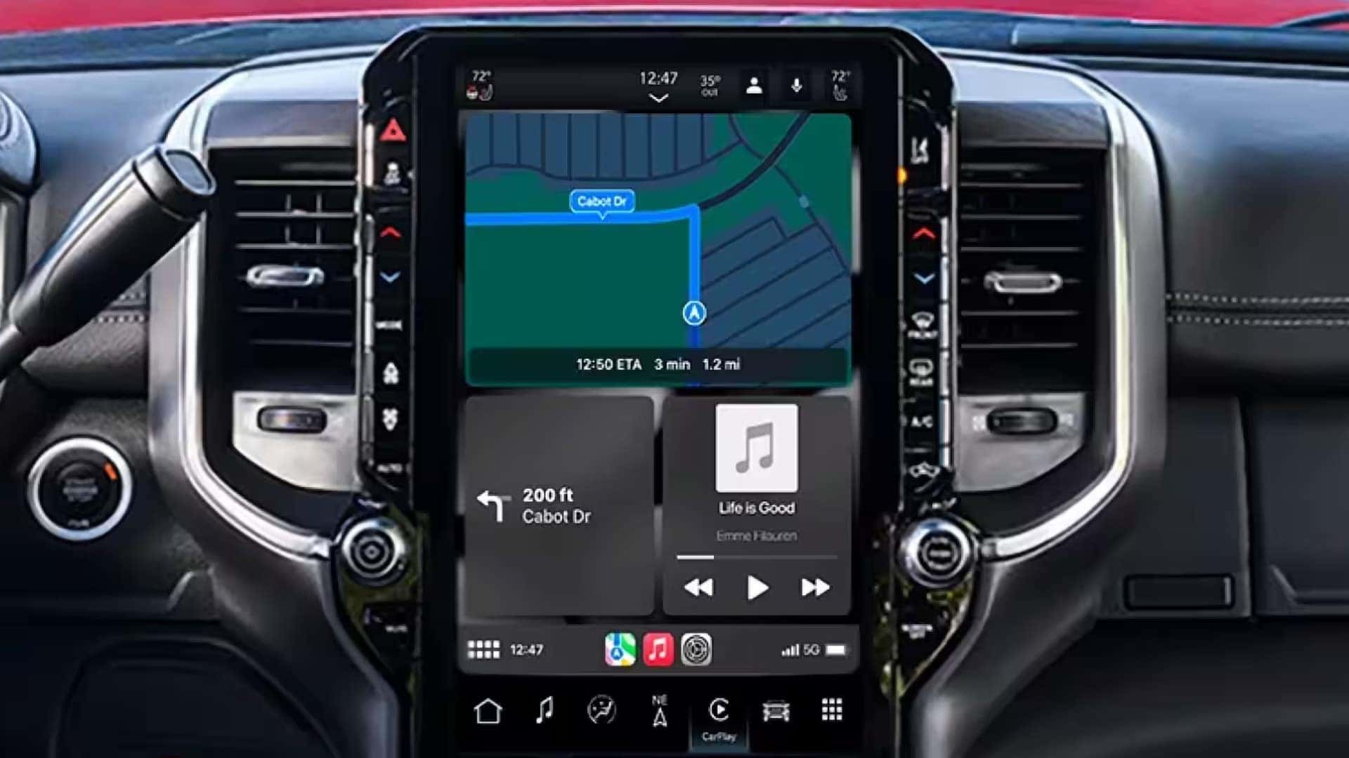 Uconnect 5 infotainment screen in the 2026 RAM 3500 displaying navigation, media controls, and smartphone connectivity features