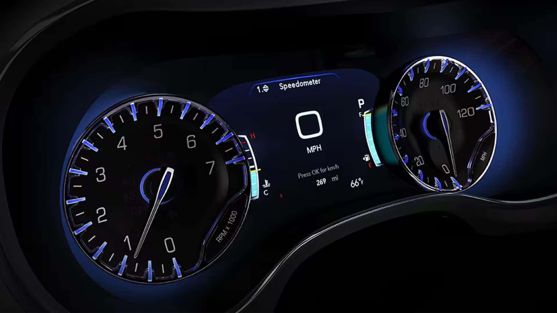2026 Chrysler Voyager instrument cluster with digital speed readout and illuminated gauges