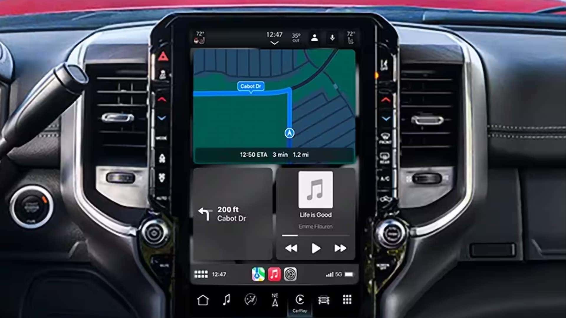 2026 RAM 2500 14.5-inch infotainment touchscreen displaying navigation map and vehicle controls