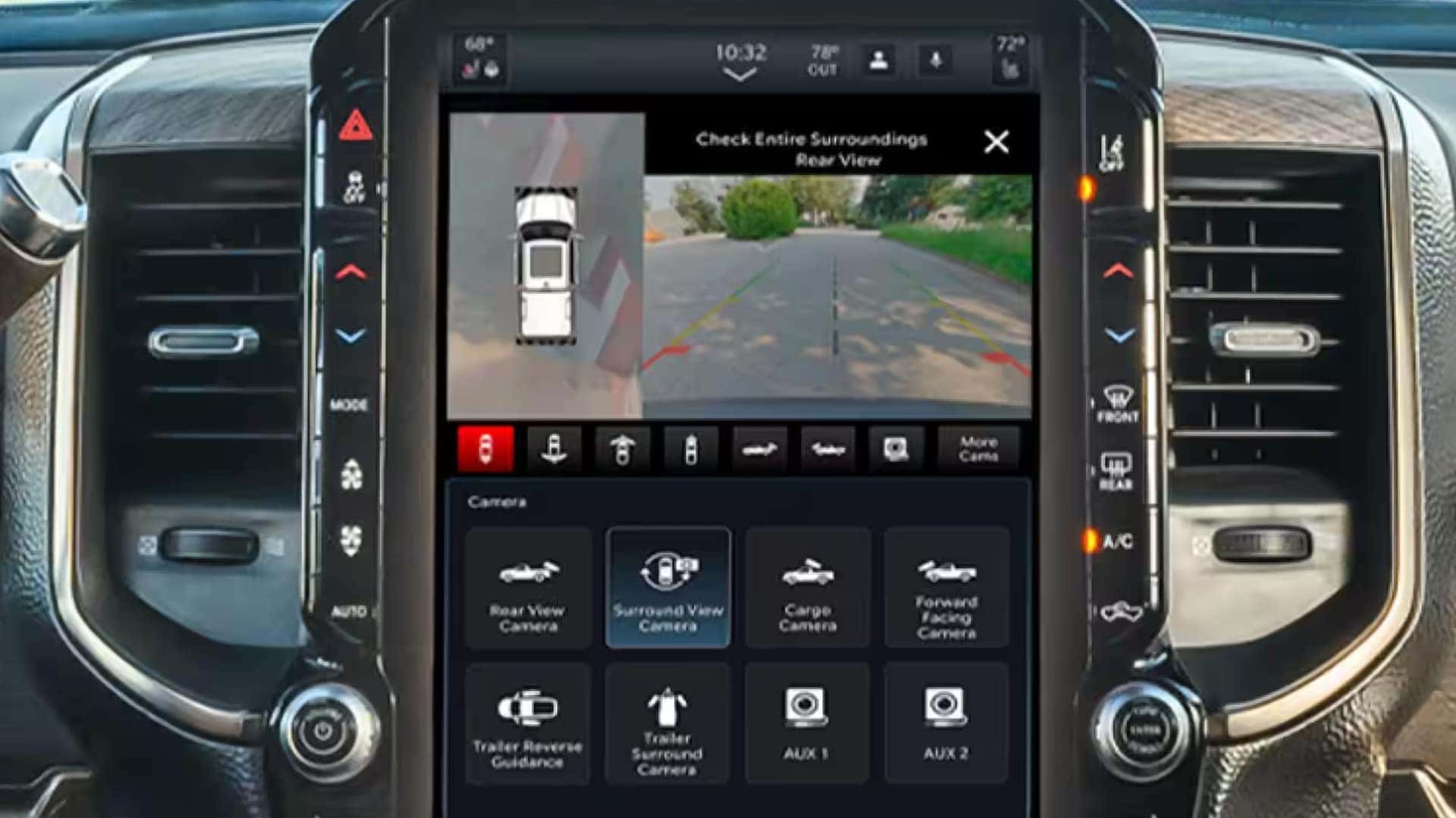 2026 Ram 2500 center touchscreen displaying surround view camera and trailer camera controls