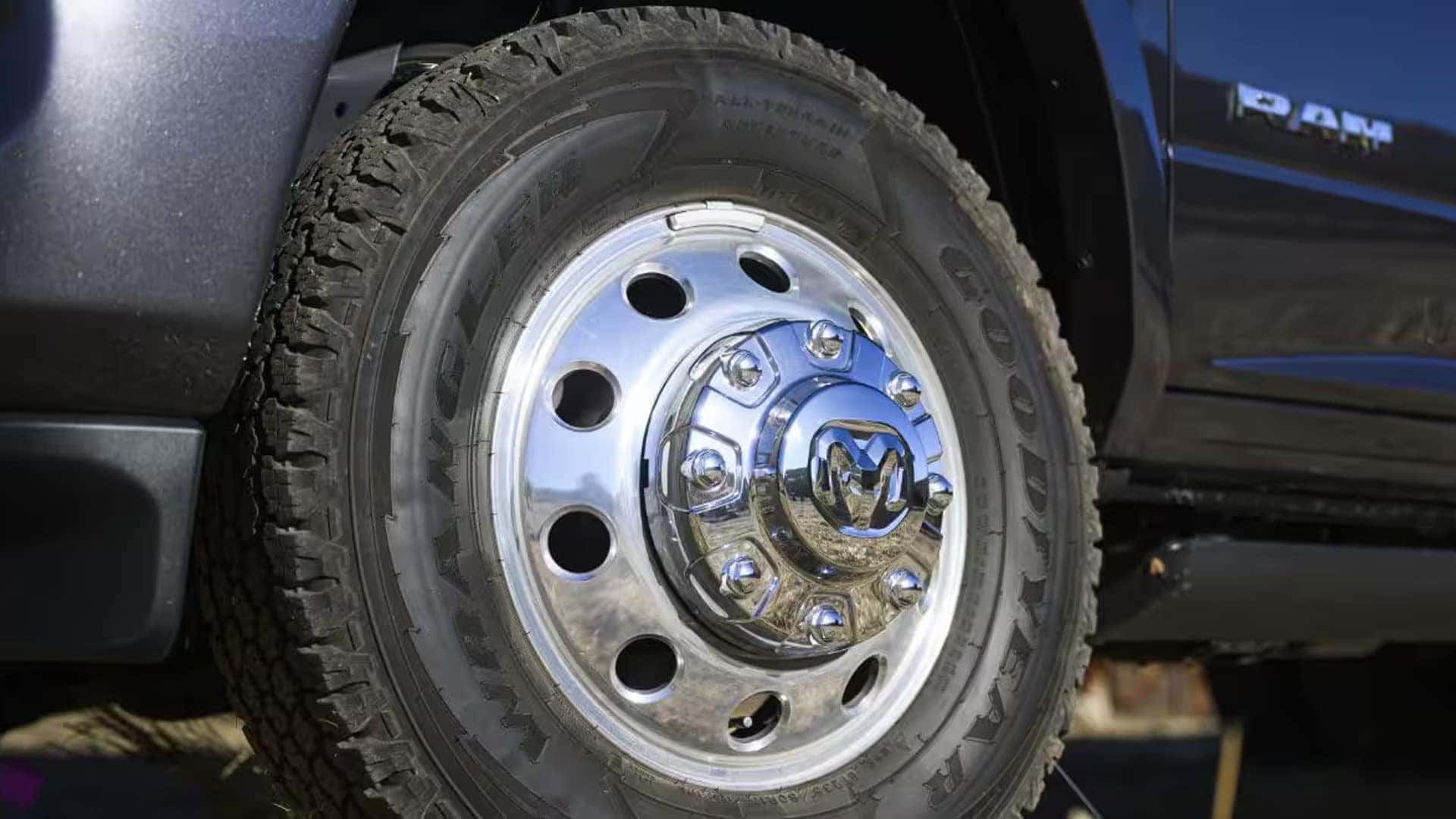 Close up of polished alloy wheel and tire on 2026 RAM 3500 heavy duty truck