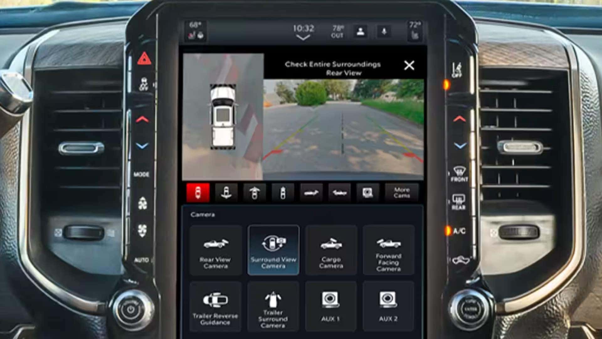 2026 RAM 3500 towing camera system showing trailer views and surround camera display on the infotainment screen