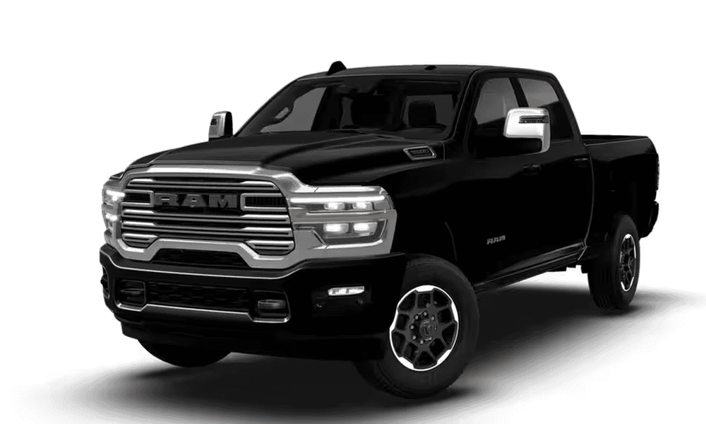2026 RAM 3500 Laramie crew cab truck in black, front three quarter view