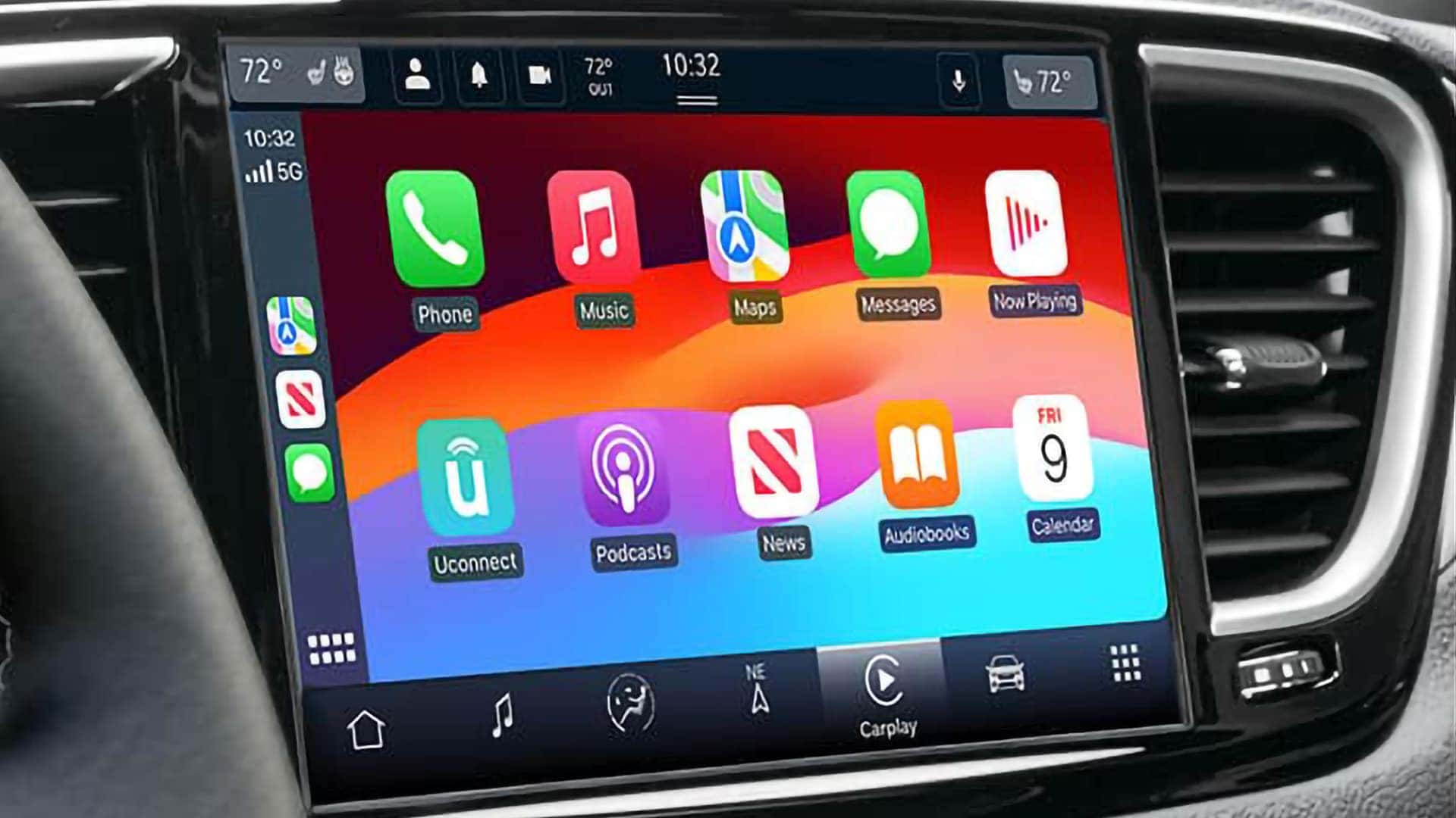 2026 Chrysler Voyager touchscreen with Apple CarPlay interface showing phone, maps, and music apps
