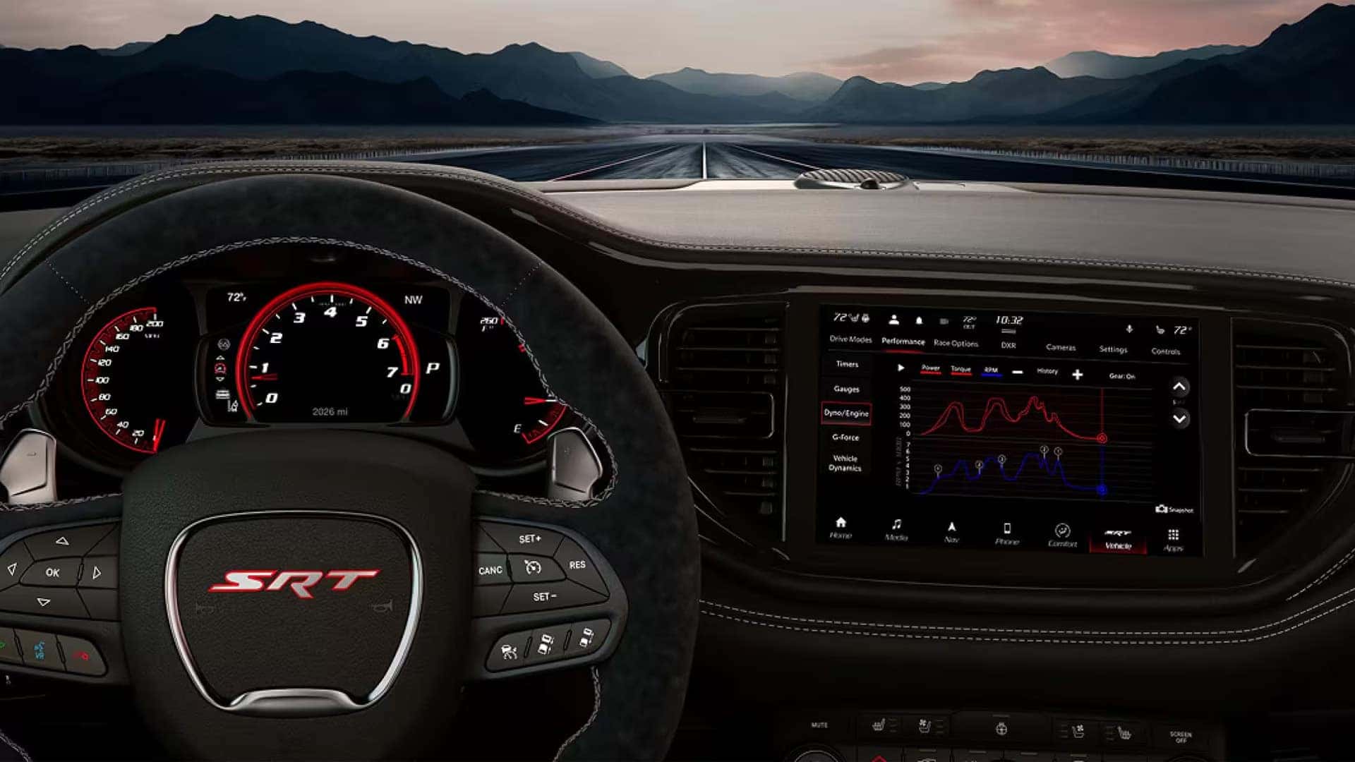 2026 Dodge Durango SRT performance cockpit with digital gauge cluster, steering wheel, and large touchscreen Uconnect infotainment system