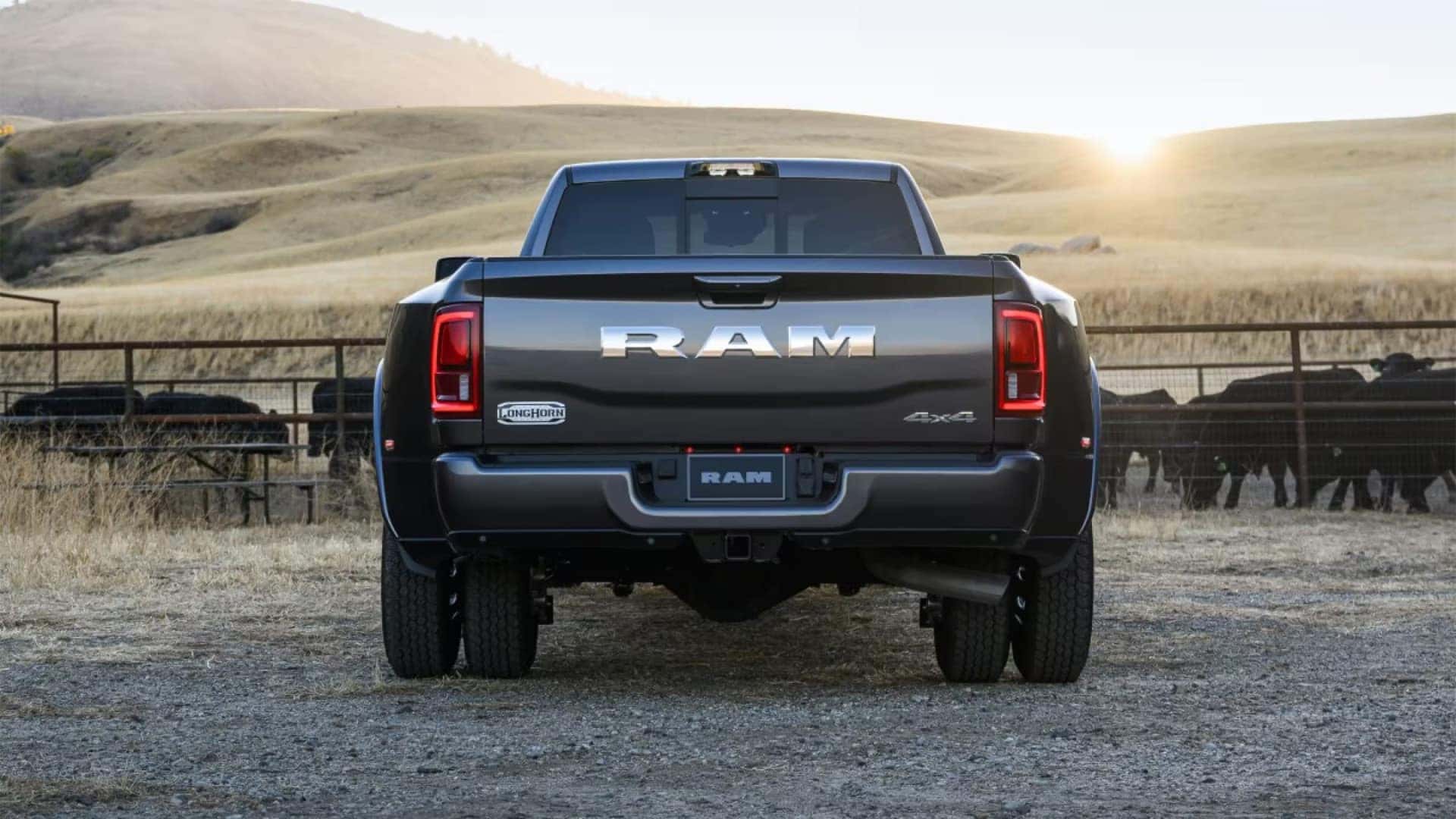 Rear view of 2026 RAM 3500 Limited Longhorn showing tailgate design and LED taillights