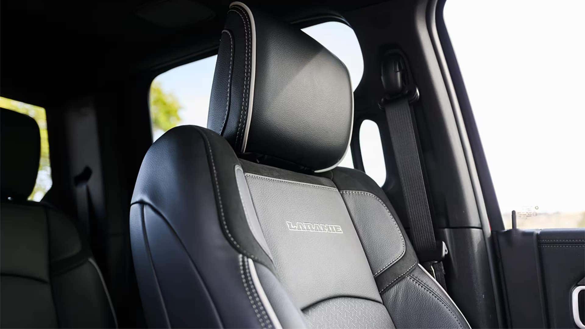 Close-up of Laramie leather seat with contrast stitching in the 2026 RAM 2500 interior