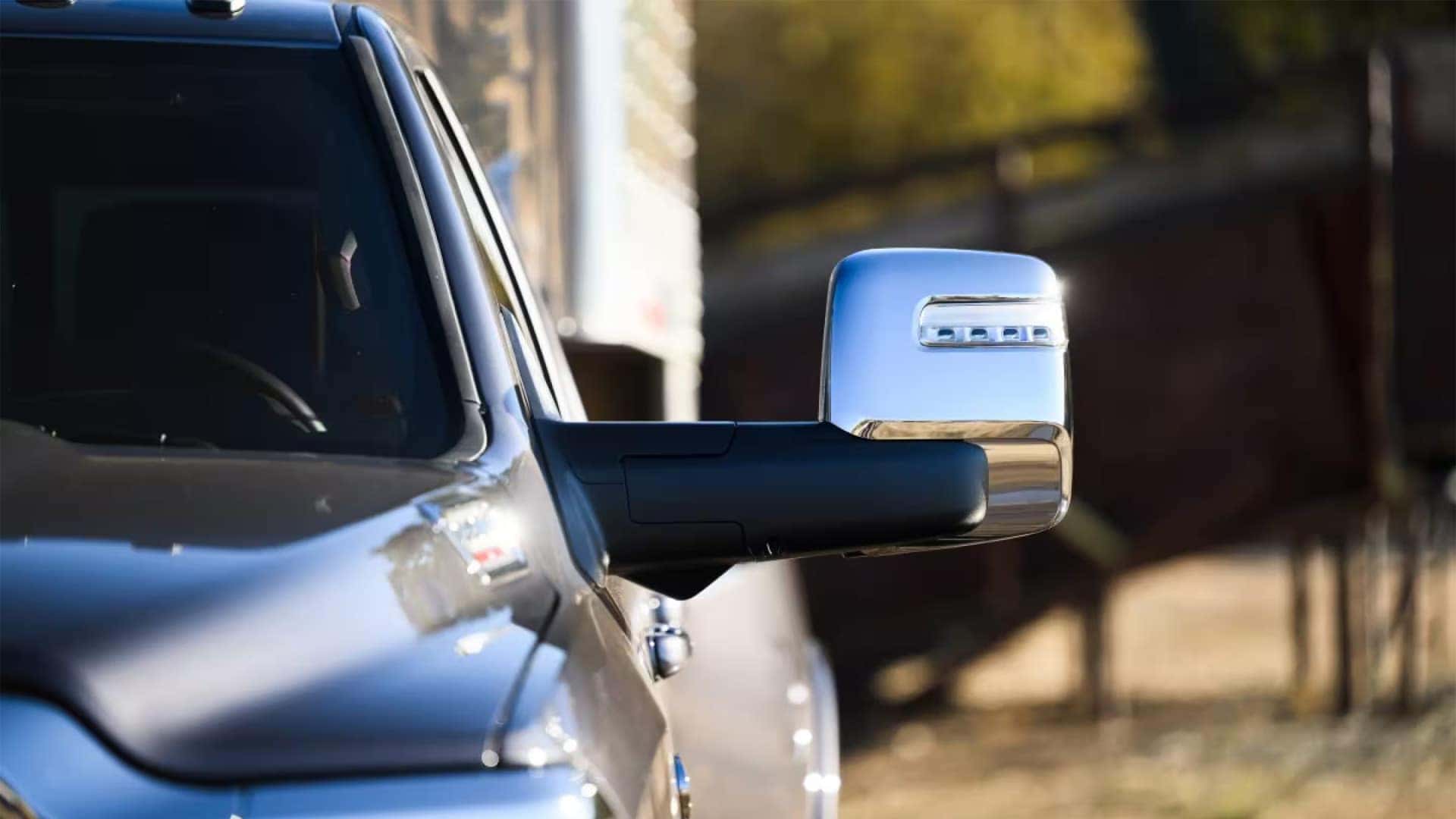 Trailer tow mirror on 2026 RAM 3500 extended for towing visibility