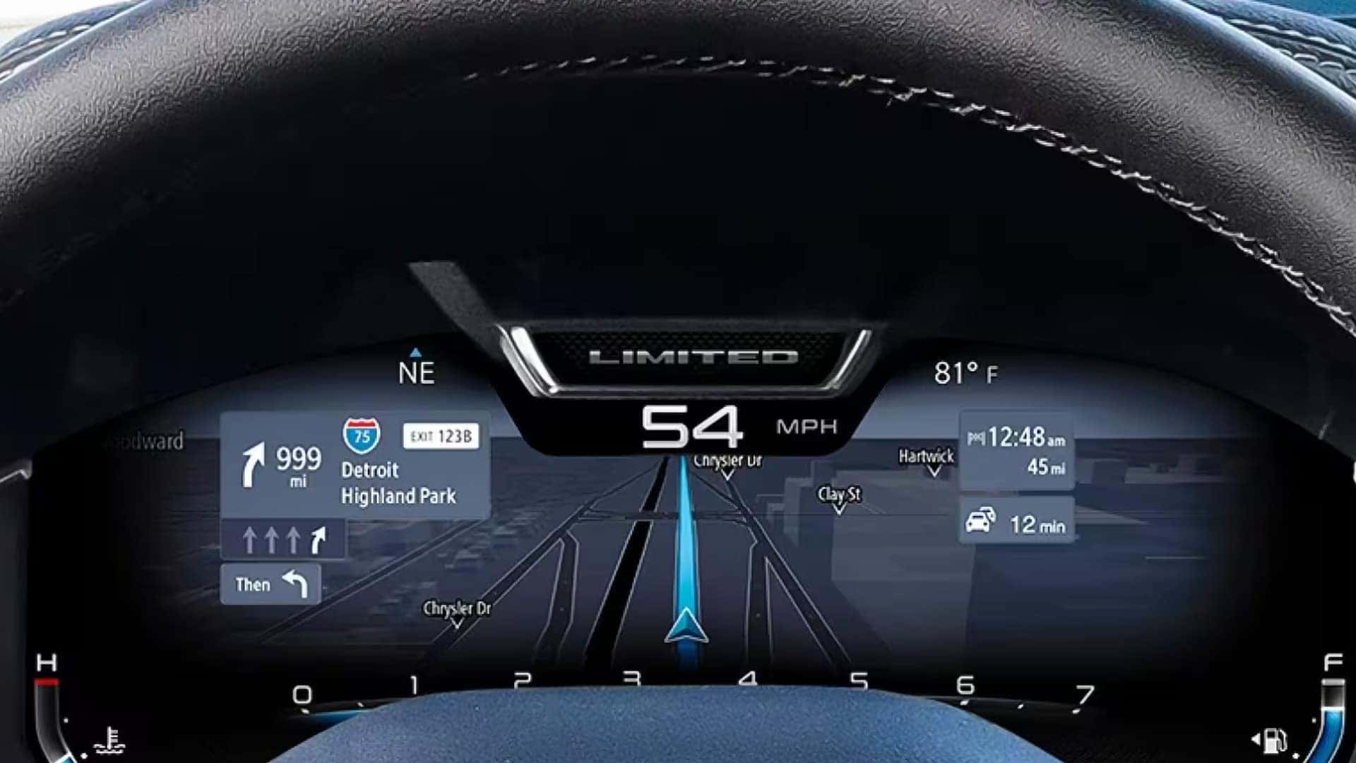 2026 RAM 3500 digital cluster displaying driver assistance alerts and road monitoring technology