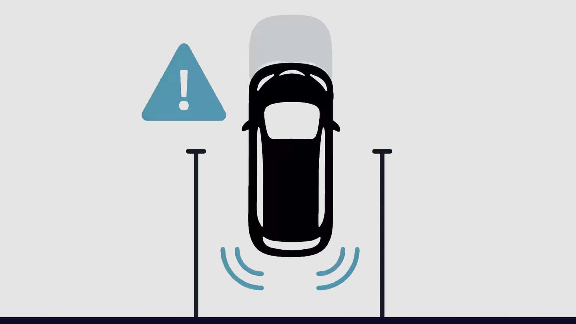 Driver assistance graphic showing a vehicle between lane lines with a warning icon and sensor waves