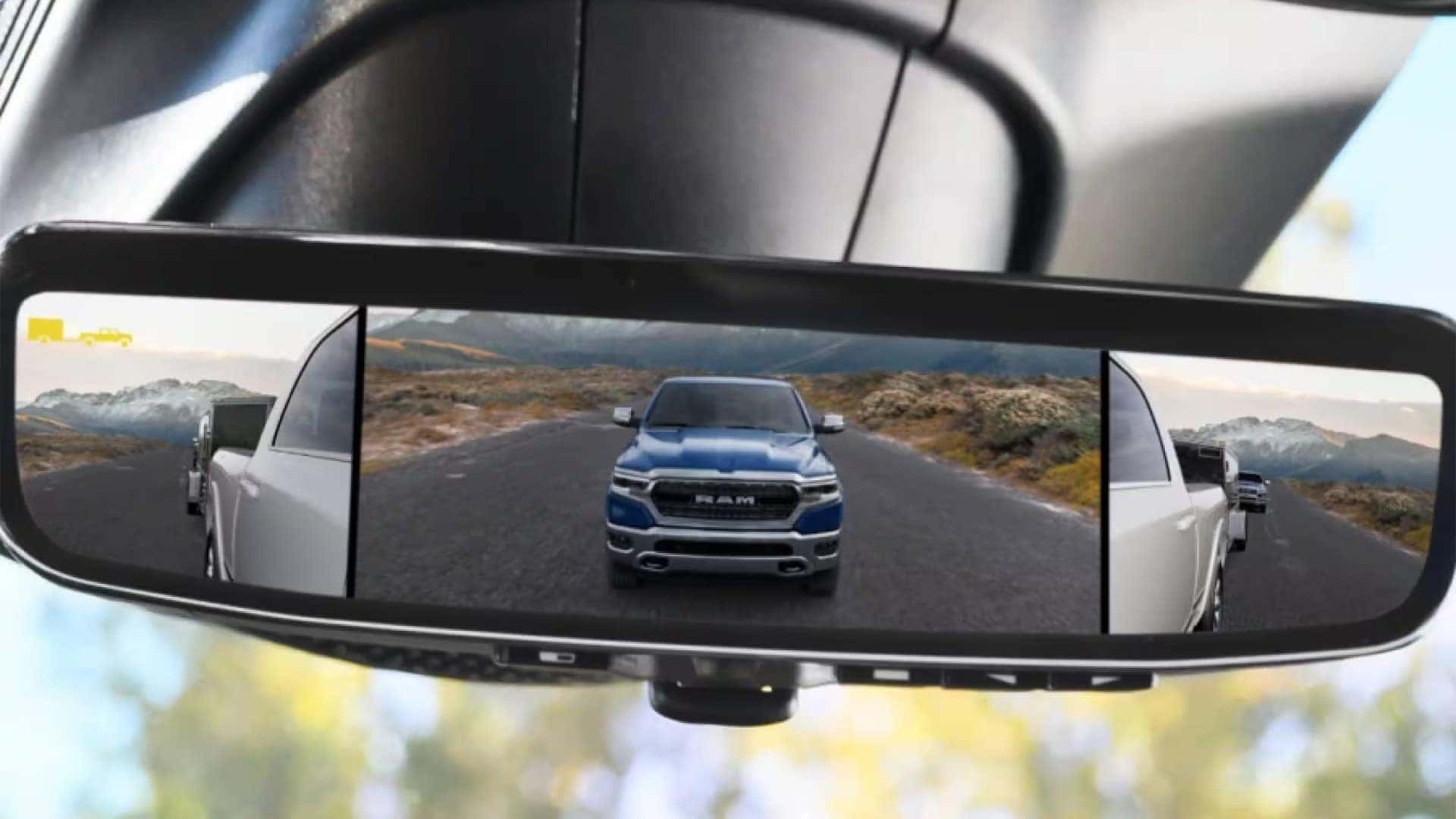2026 RAM 3500 digital rearview mirror displaying rear camera view and trailer visibility