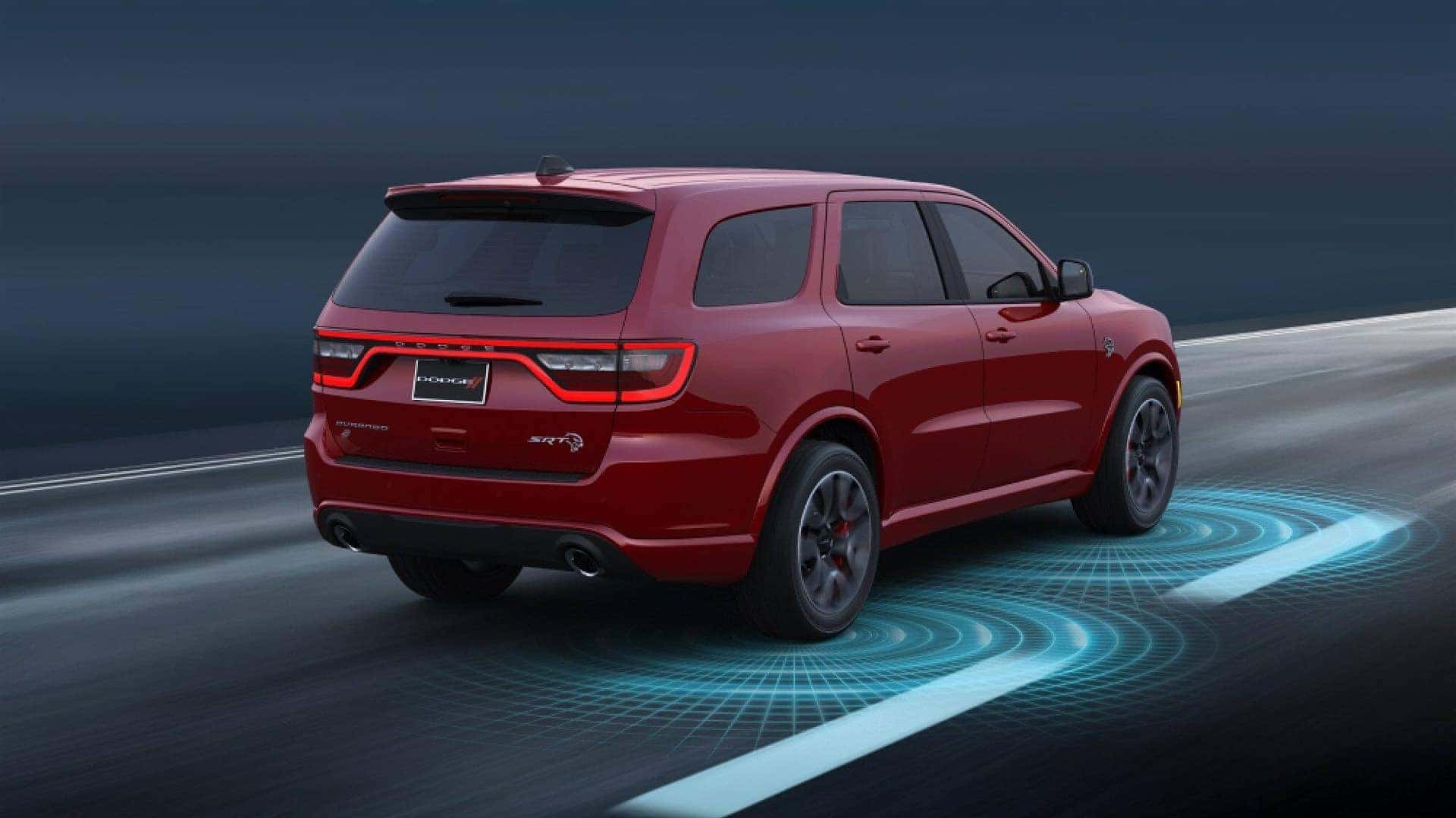 2026 Dodge Durango driver assistance system illustration showing lane monitoring and vehicle detection sensors